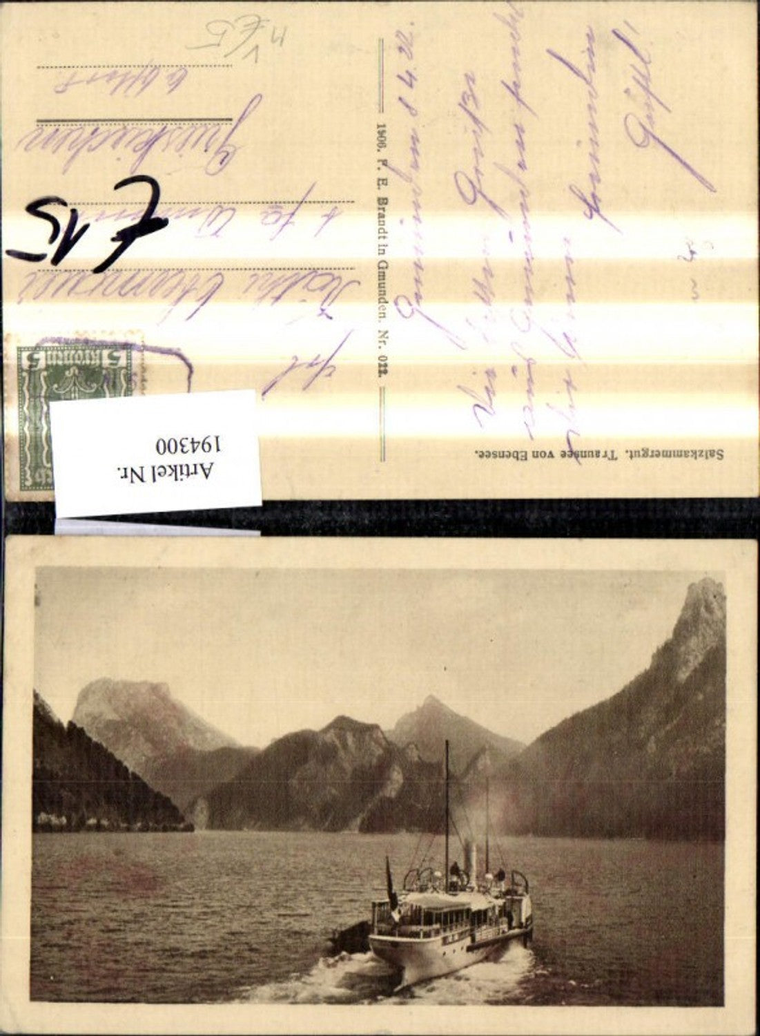 194300,Traunsee v. Ebensee Schiff Dampfer pub F. E. Brandt 022