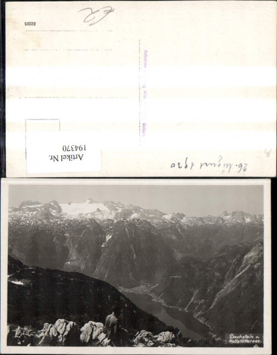 194370,Foto Ak Dachstein m. Hallstättersee Hallstatt Ansicht m. Bergsteiger Mann 1930