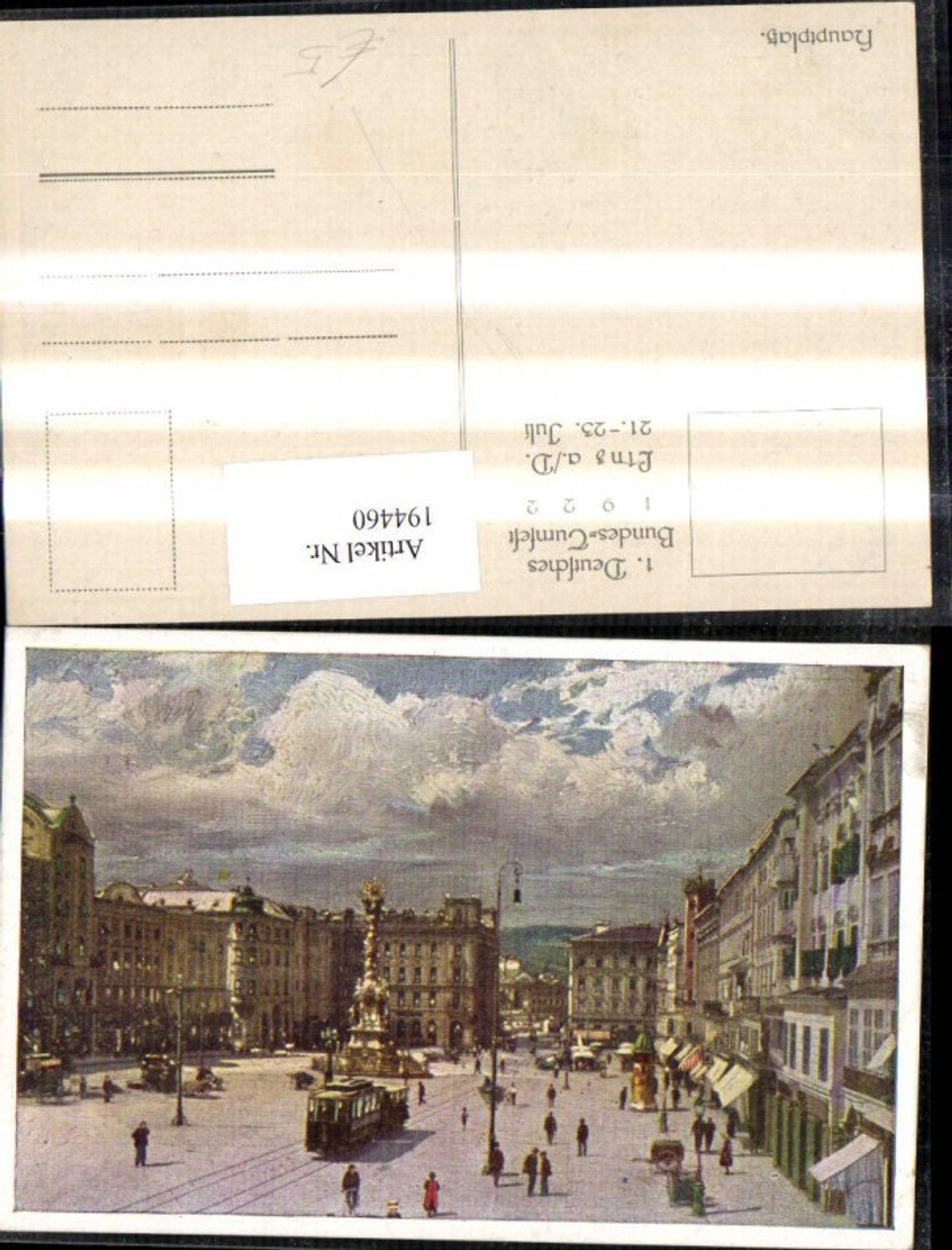 194460,Linz Hauptplatz Straßenbahn Dreifaltigkeitssäule pub Deutsches Bundes-Turnfest