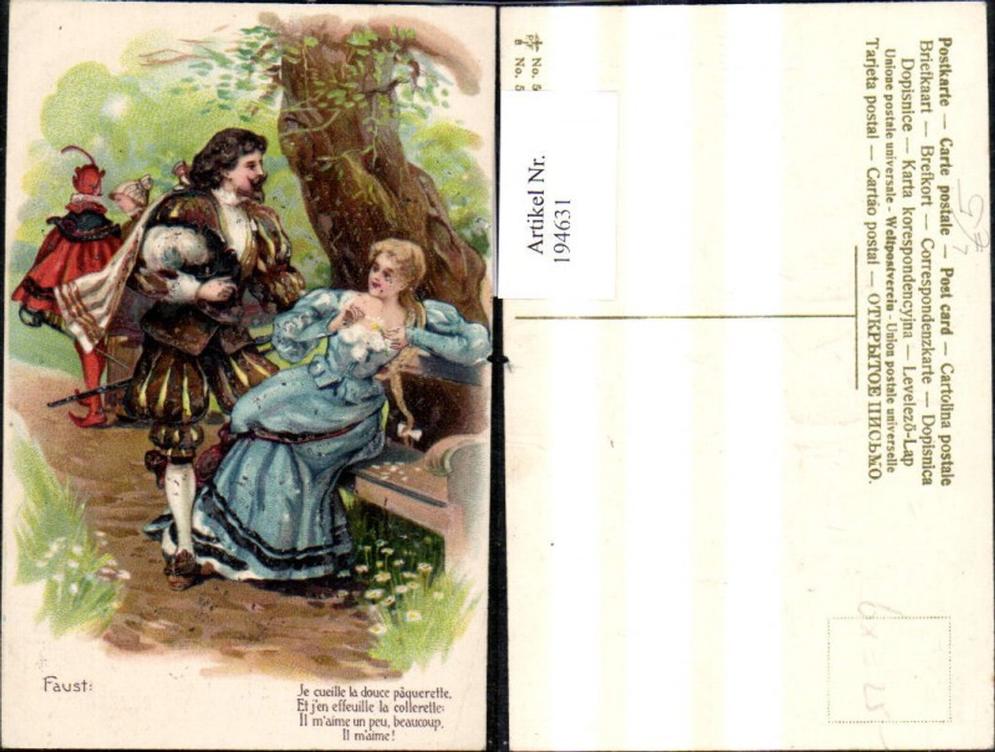 194631,Liebe Präge Litho Frau a. Bank Mann Faust Spruch Text