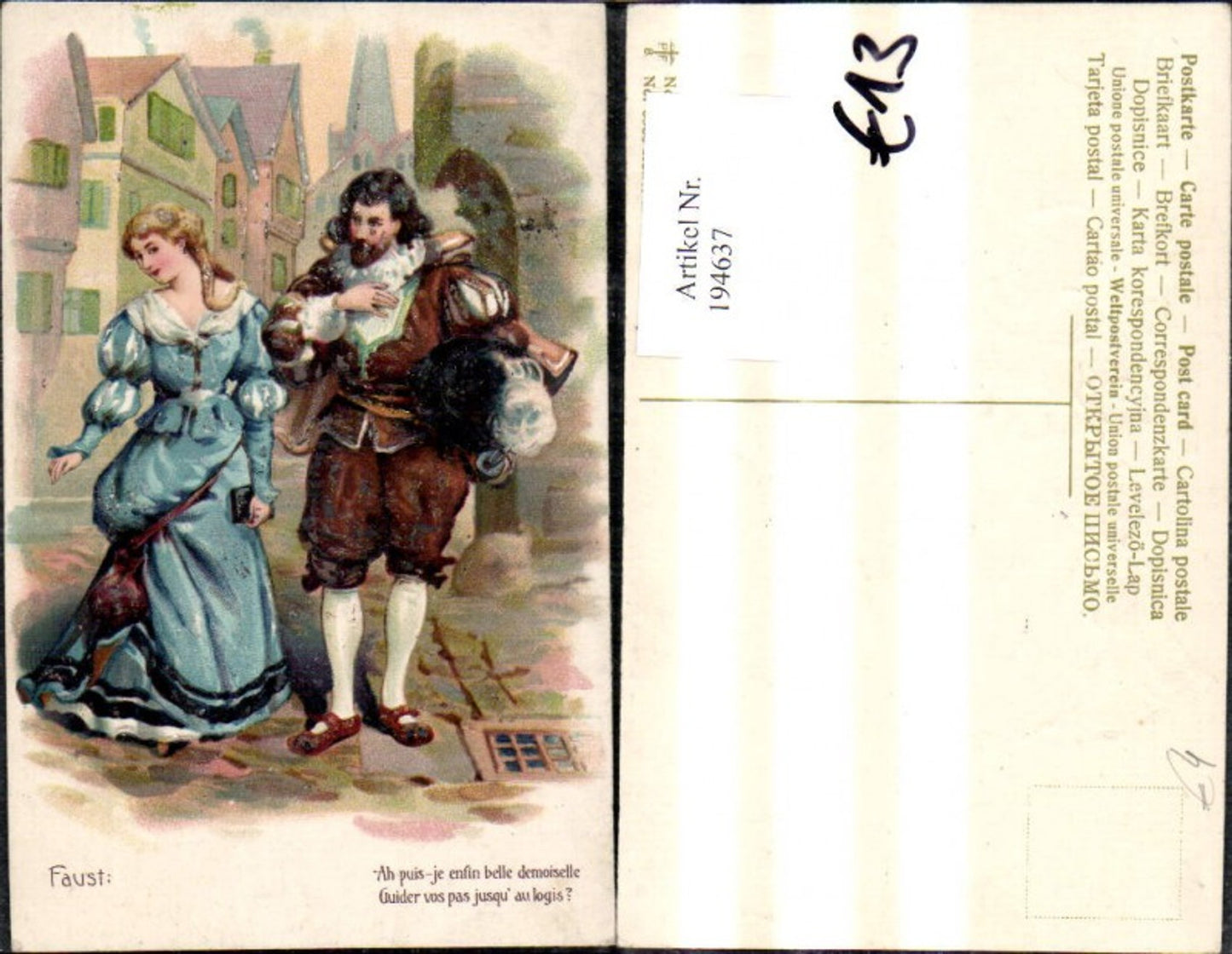 194637,Liebe Präge Ak Paar spaziert d. Gasse Faust Spruch Text