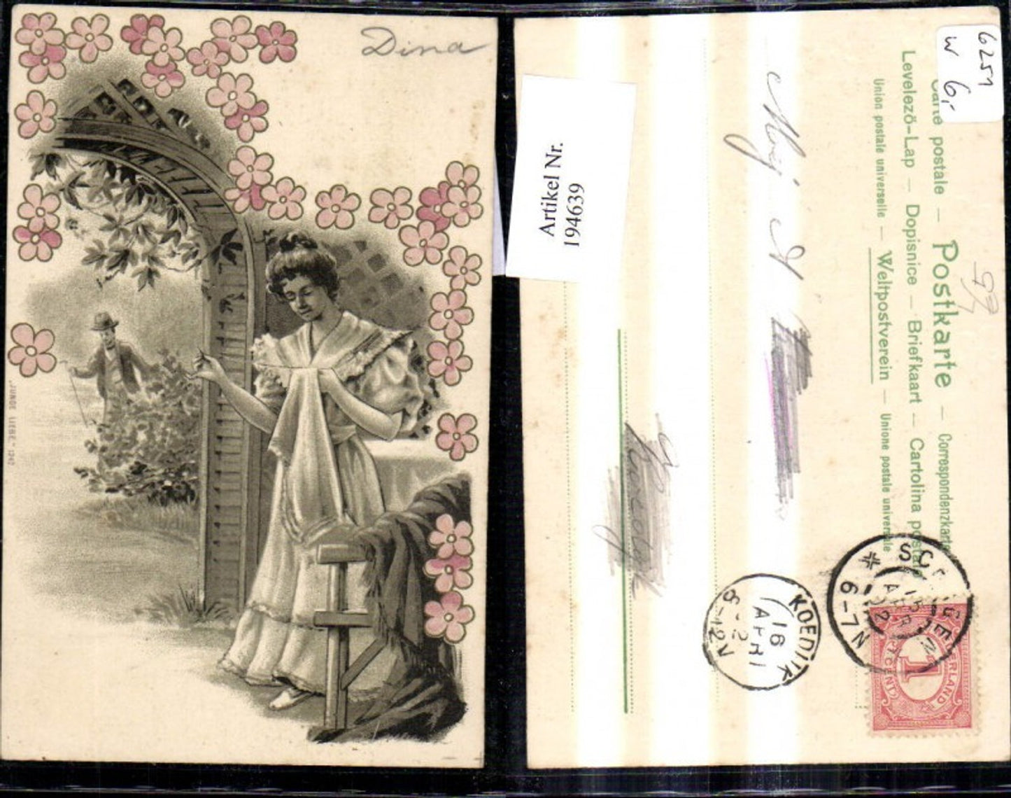 194639,Liebe Präge Litho Frau b. Nähen Mann i. Hintergrund Nadel Faden Blumen