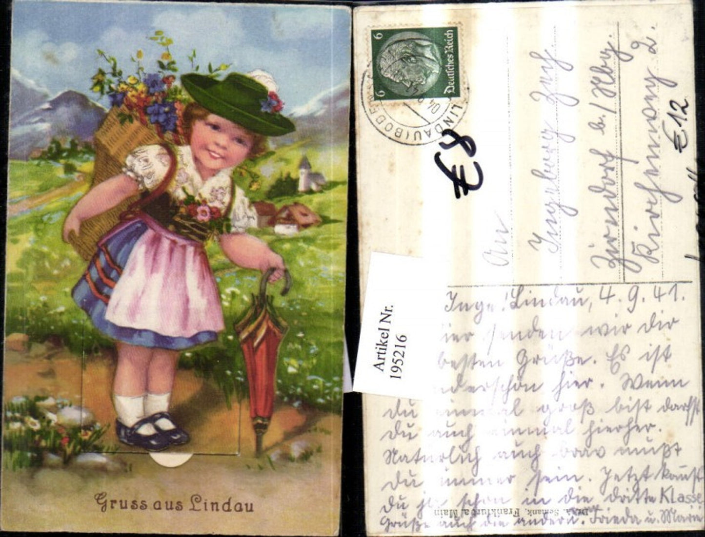 195216,Leporello Gruß aus Lindau Mädchen m. Hut in Tracht Schirm Korb Blumen