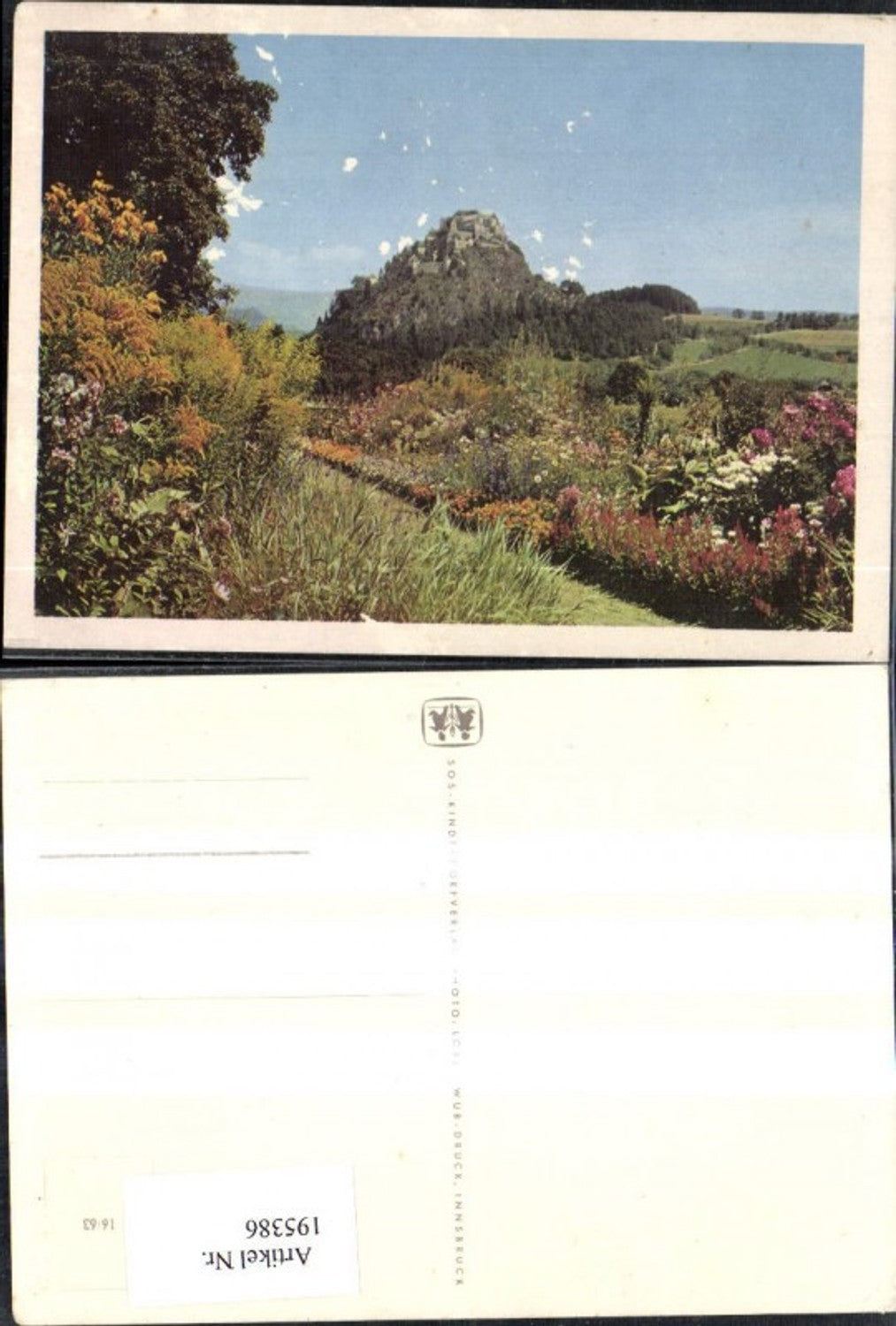 195386,SOS Kinderdorf 16/63 Landschaft m. Burg i. Hintergrund Blumen