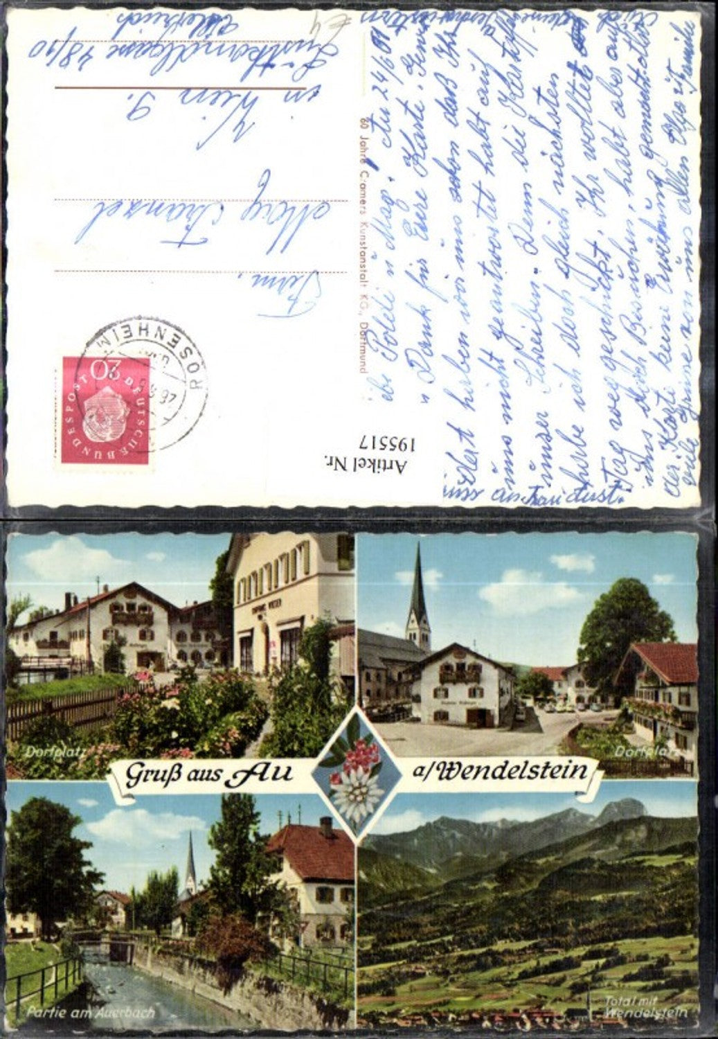 195517,Gruß aus Au am Wendelstein Totale m. Wendelstein Dorfplatz Partie am Auerbach Mehrbildkarte