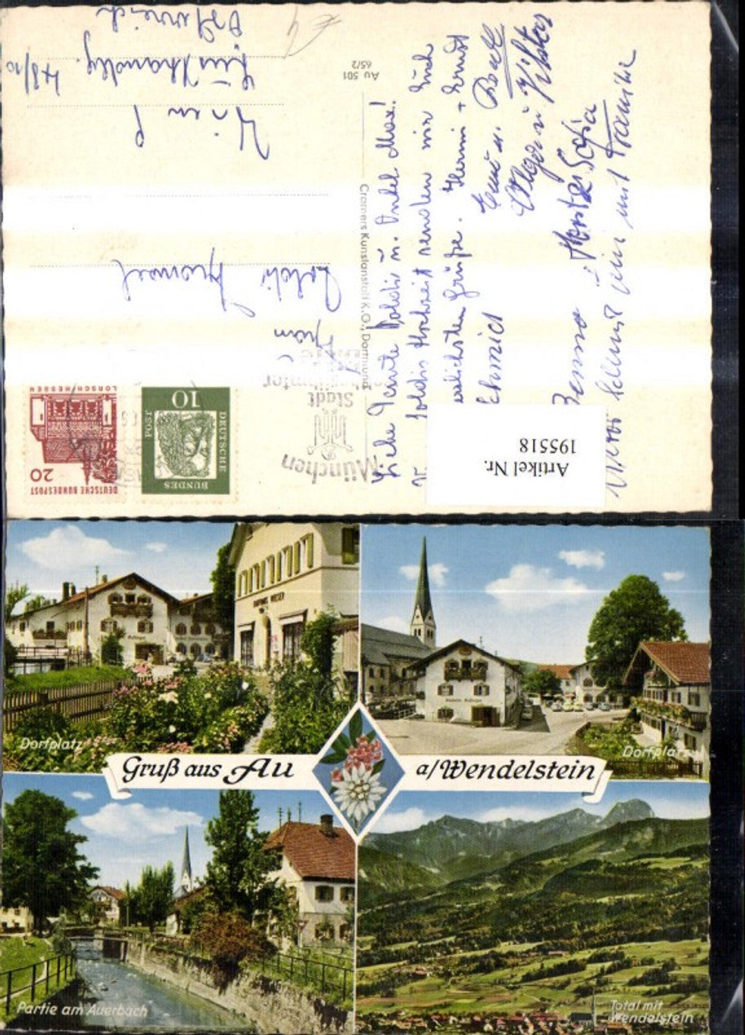 195518,Gruß aus Au am Wendelstein Totale m. Wendelstein Dorfplatz Partie am Auerbach Mehrbildkarte
