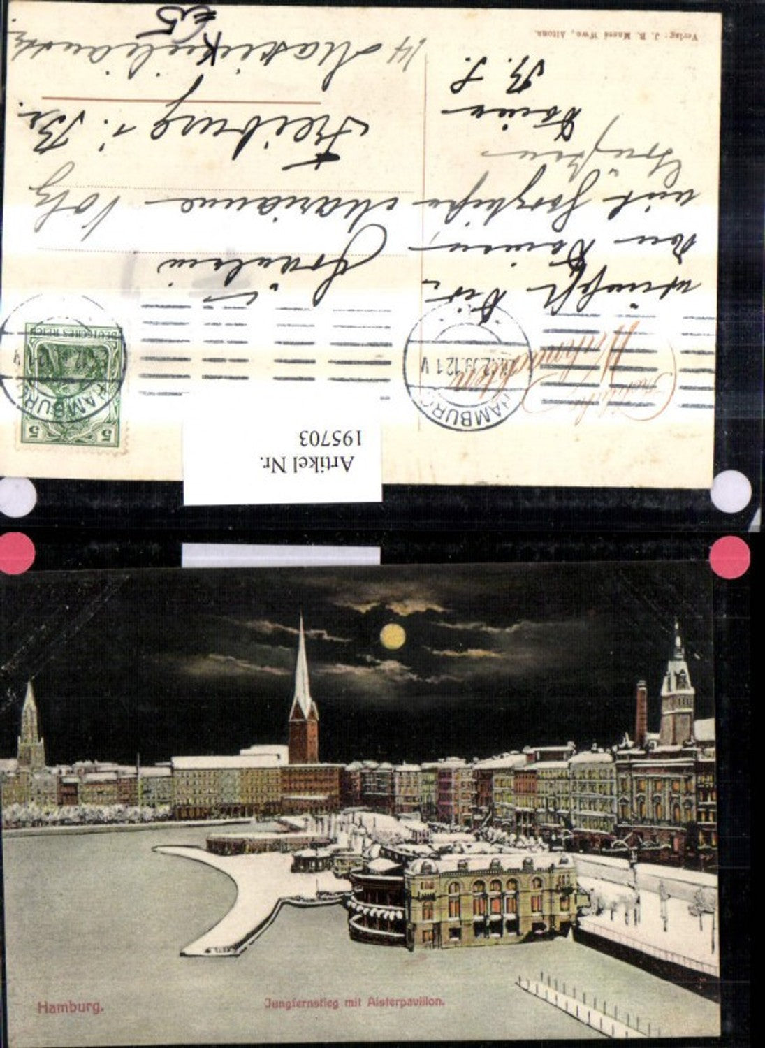 195703,Künstler AK Hamburg Jungfernstieg m. Alsterpavillon b. Nacht Mondschein Mond