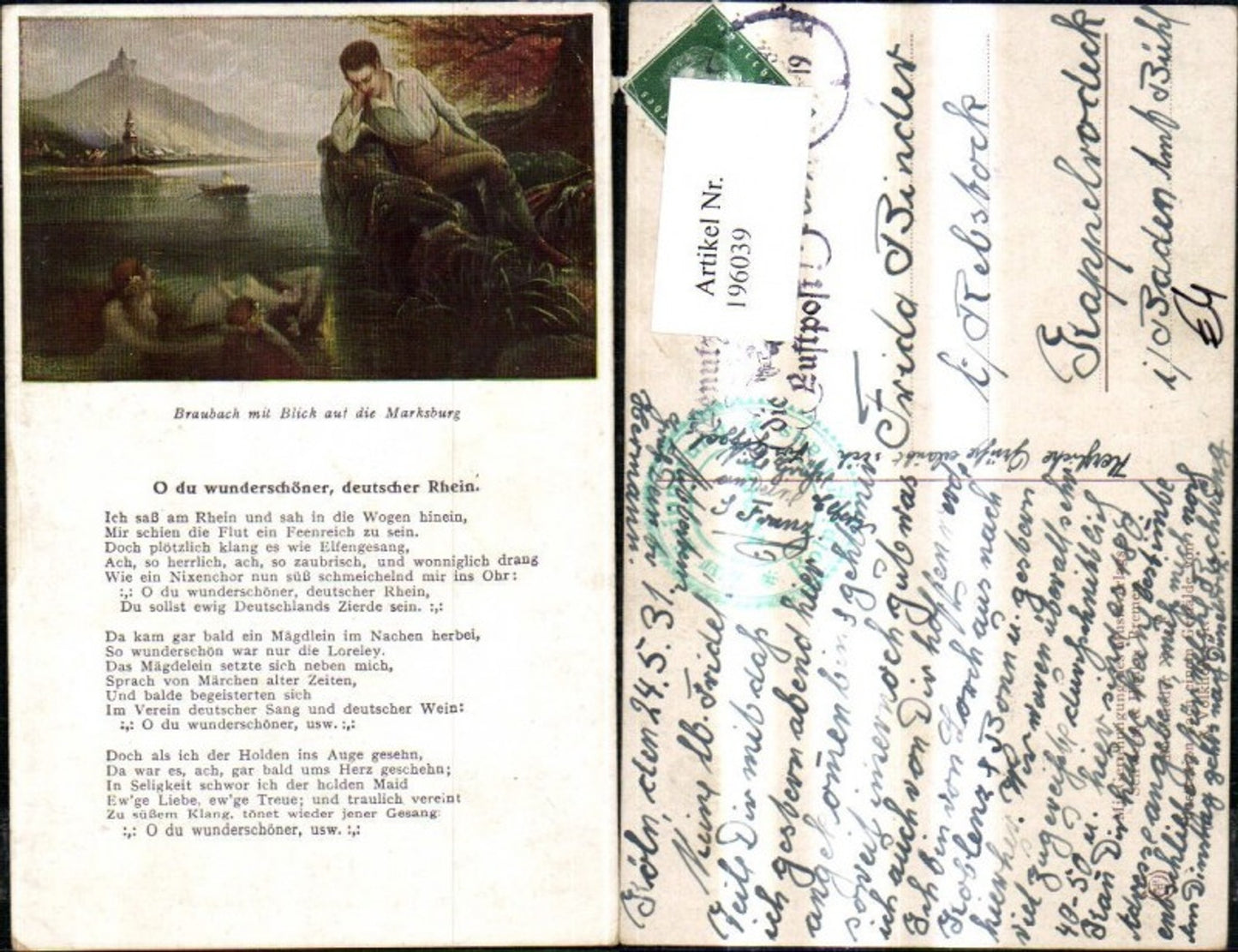 196039,Braubach m. Blick auf d. Marksburg Burg Gedicht „O du wunderschöner, deutscher Rhein“