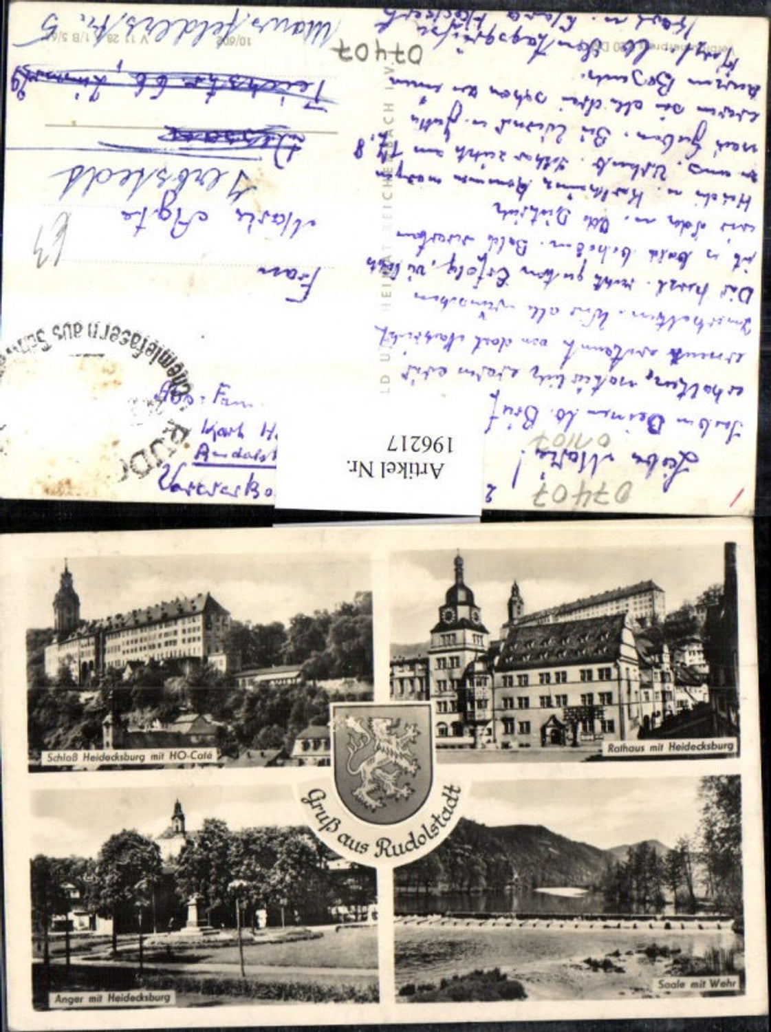 196217, Greetings from Rudolstadt, Heidecksburg Castle with HO-Cafe, Town Hall Saale with Weir, Anger, multi-view postcard