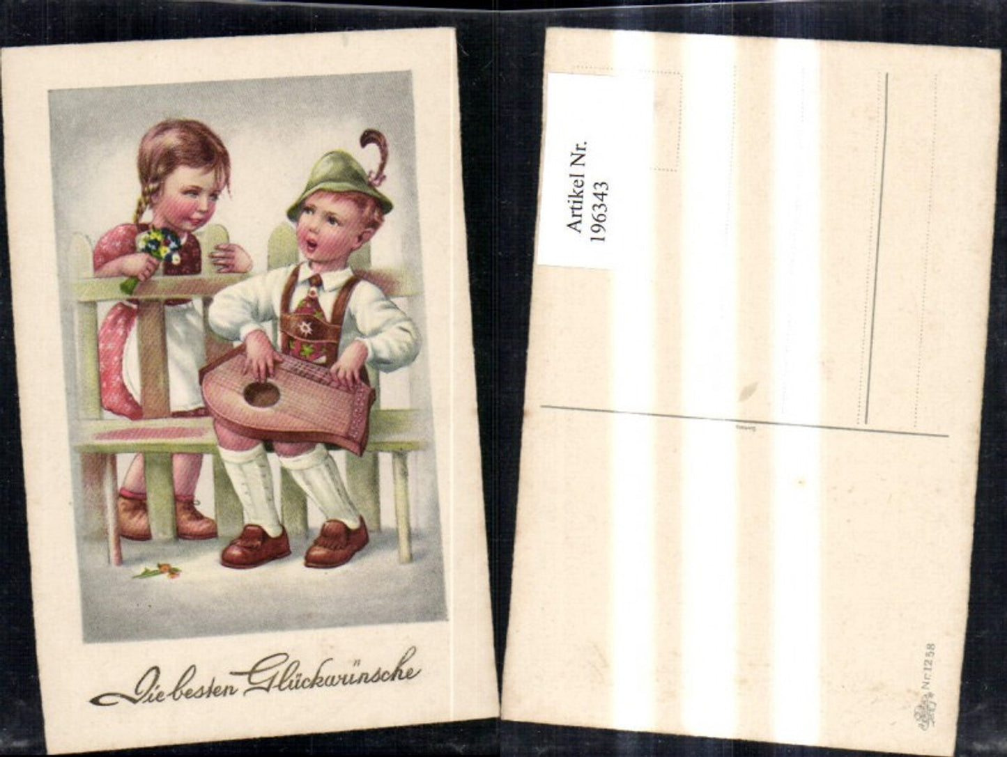 196343,Kind Kinder Mädchen Bub Junge m. Mandoline Blumen a. Bank b. Zaun