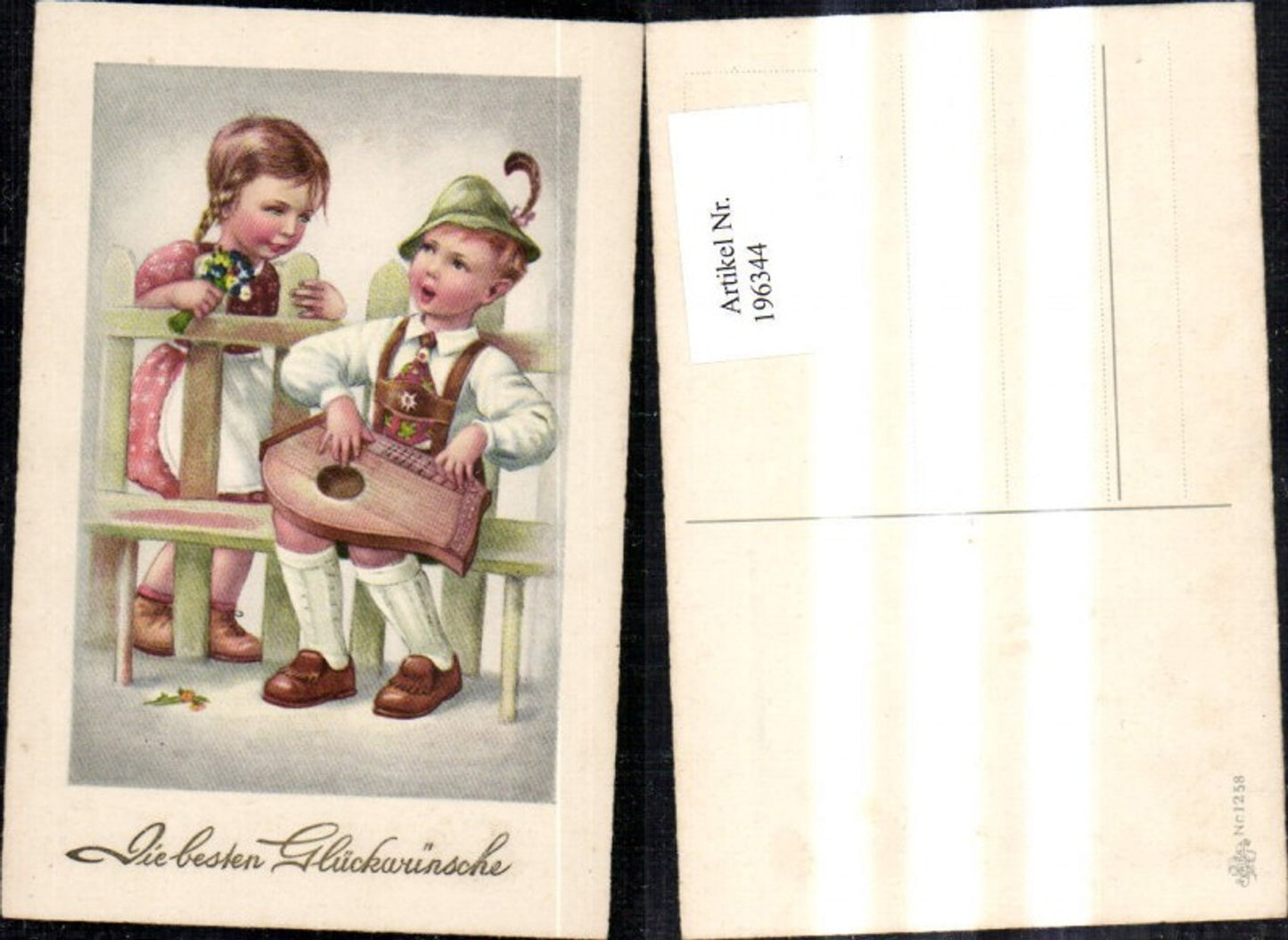 196344,Kind Kinder Mädchen Bub Junge m. Mandoline Blumen a. Bank b. Zaun