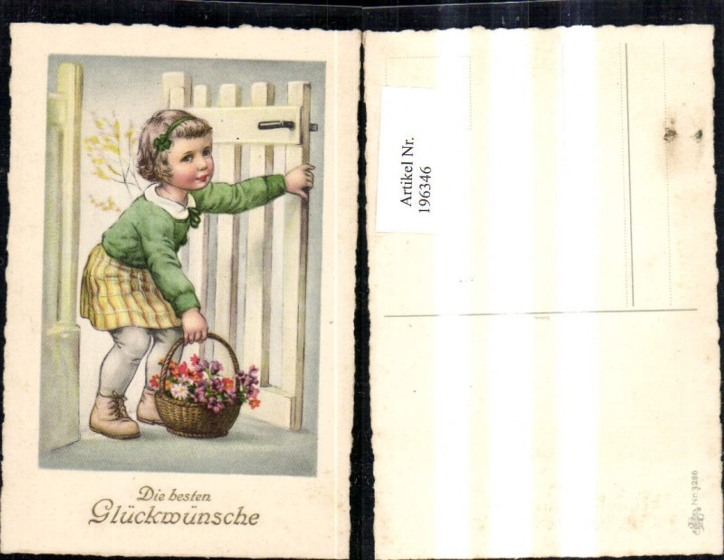 196346,Kind Mädchen b. Gartentor Tor m. Blumen Korb