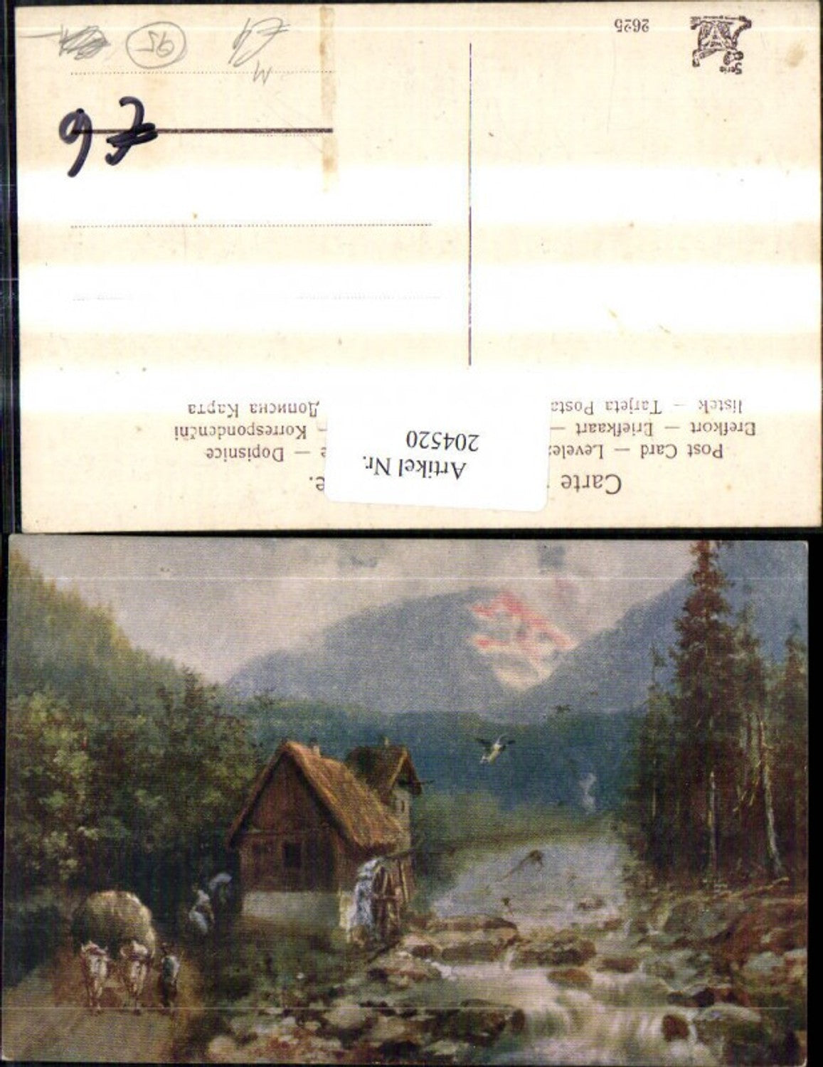 204520, Watermill, mill landscape with hay wagon, cows, oxen, man