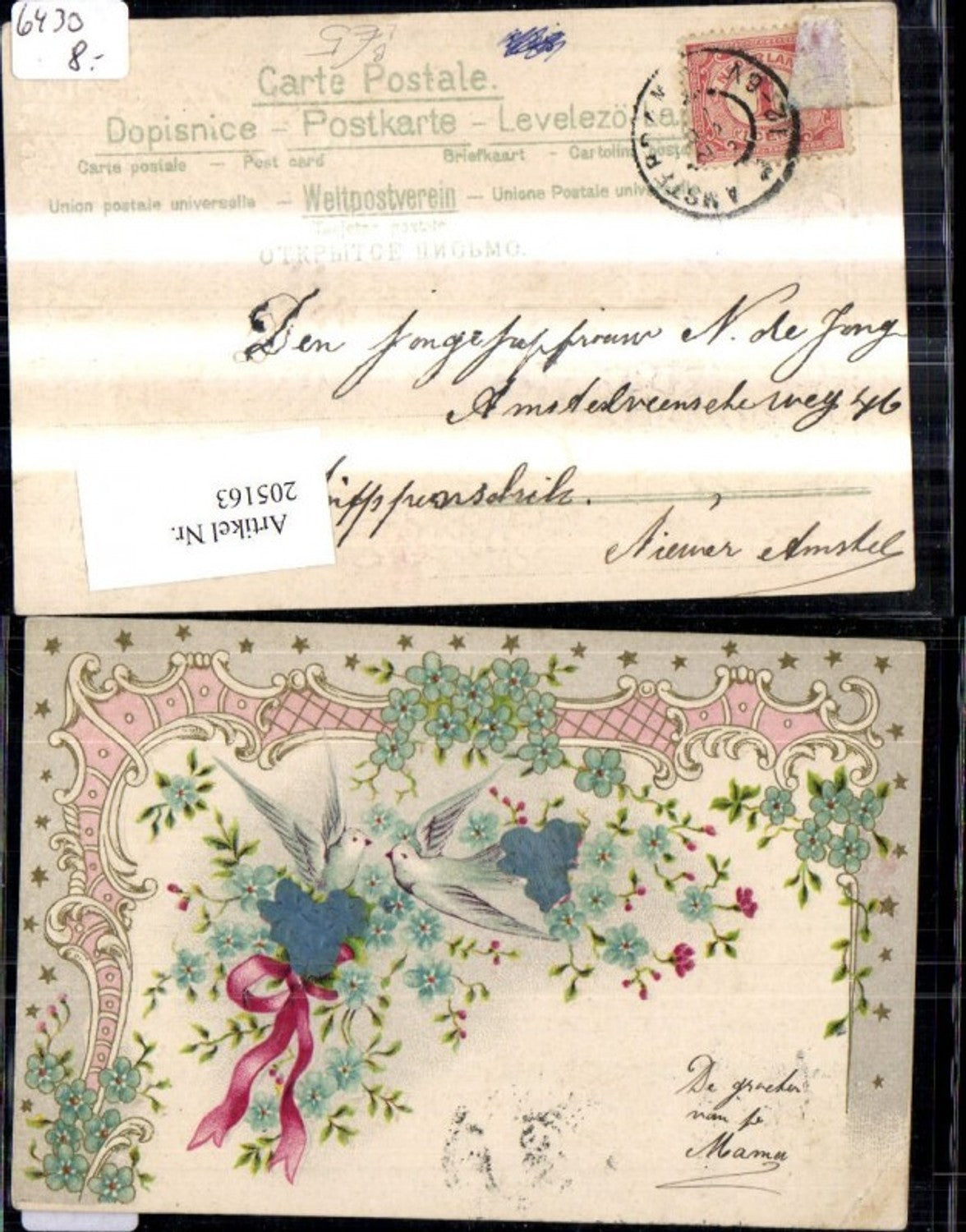205163,Präge Litho Satinrosen Rosen Taube Goldverzierung