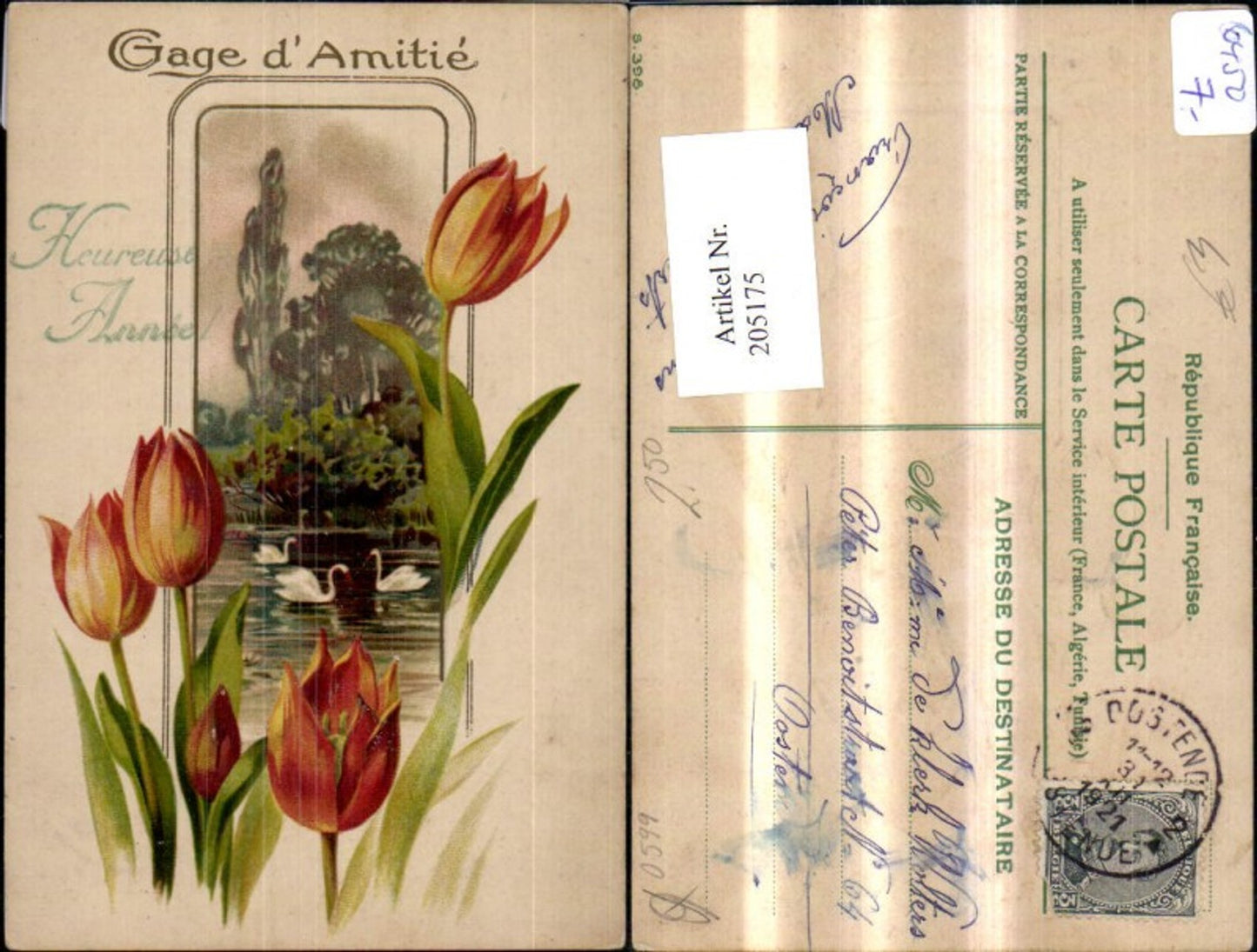 205175,Präge Ak Gage d Amitie See m. Schwänen Passepartout Blumen Tulpen