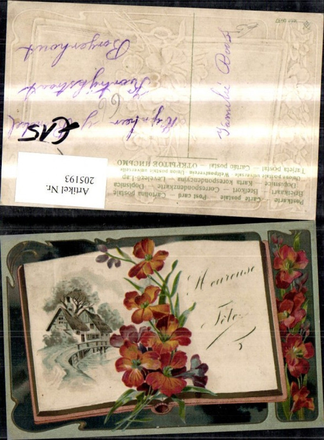 205193,Präge Ak Feureuse Fete Offenen Buch Häuser Dorf Blumen