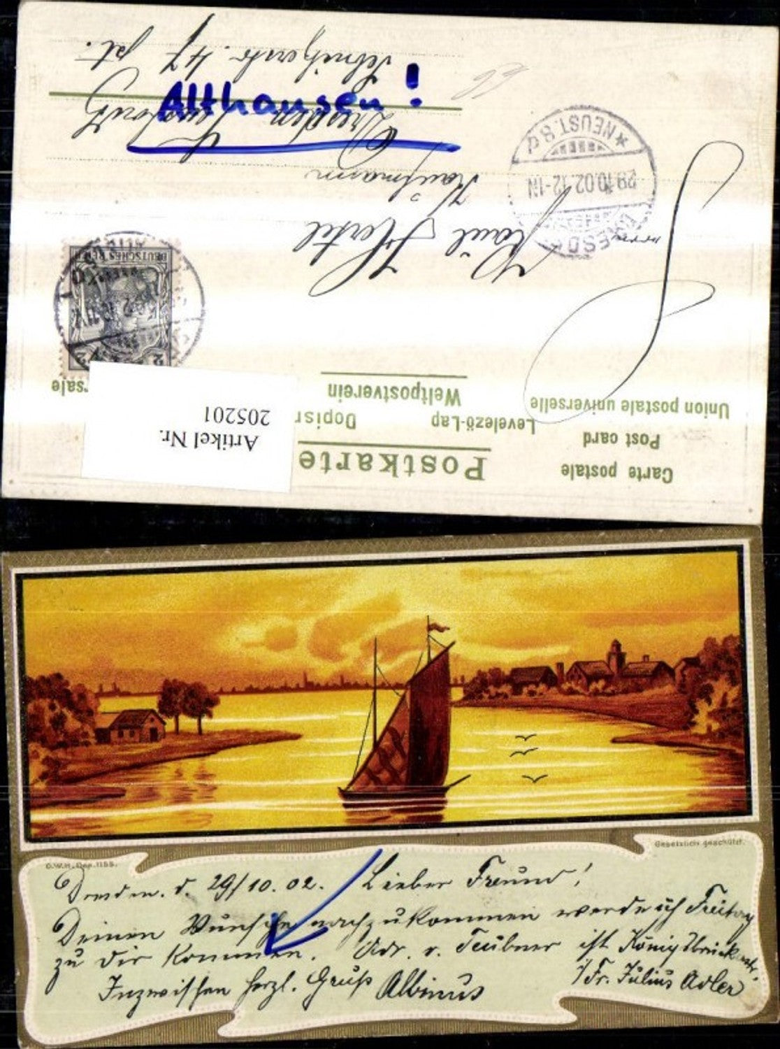205201, embossed postcard landscape with sailboat, ship, passe-partout, gold decoration