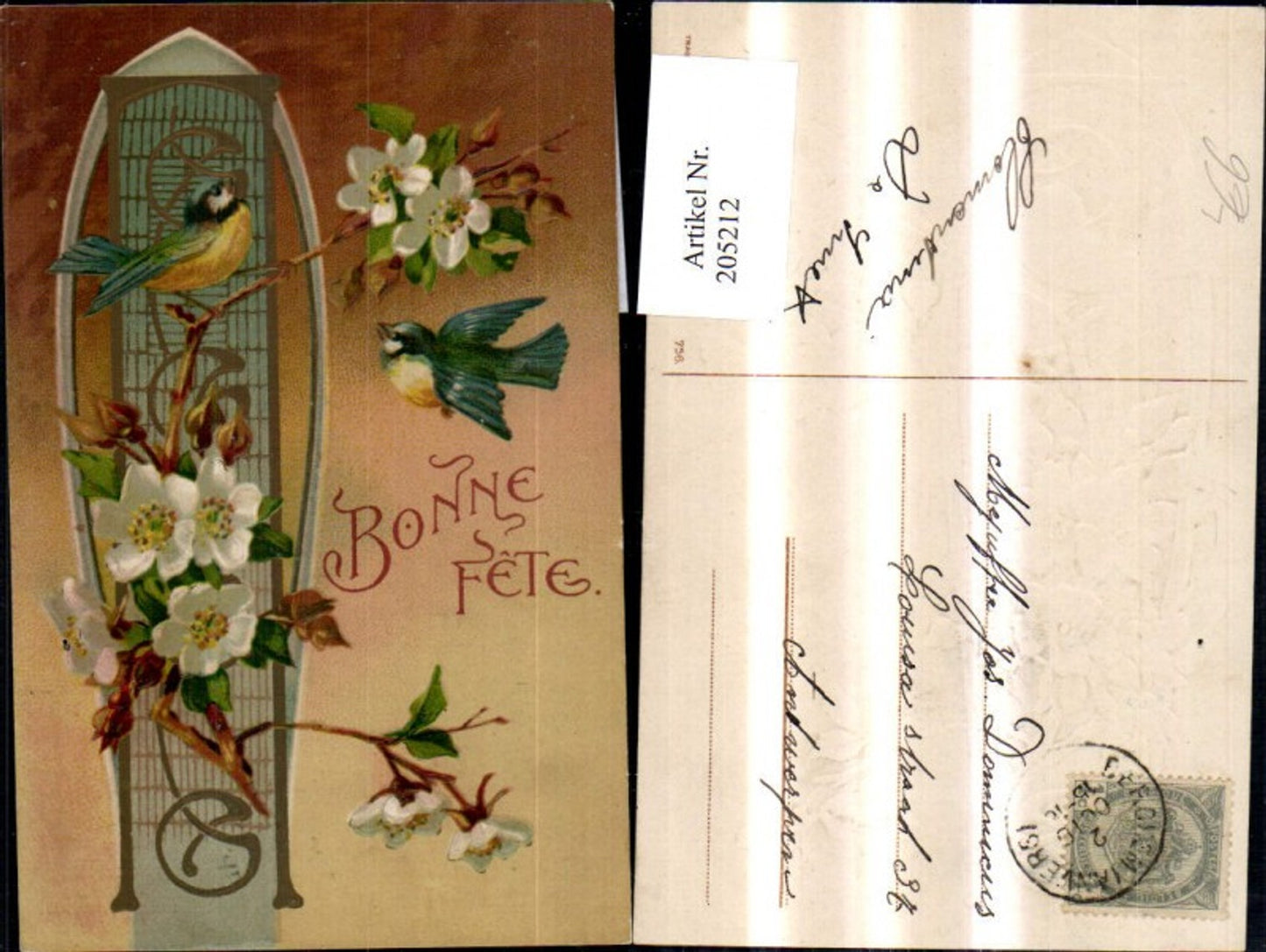 205212, Embosser Lithograph Bonne Fete Branch Flowering Branch Bird Birds