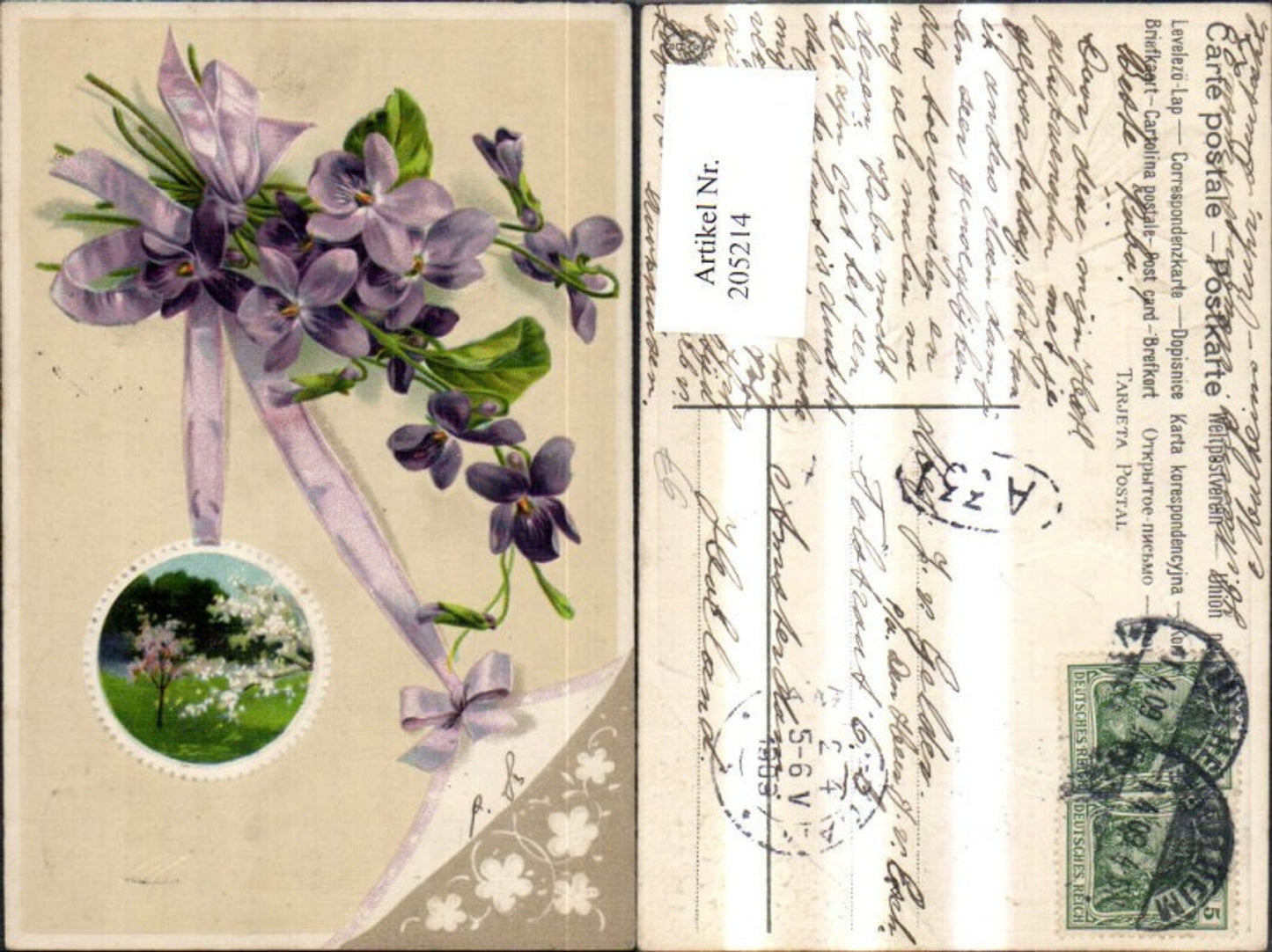 205214, Embossed Ak Landscape Passepartout Violets Flowers Ribbon