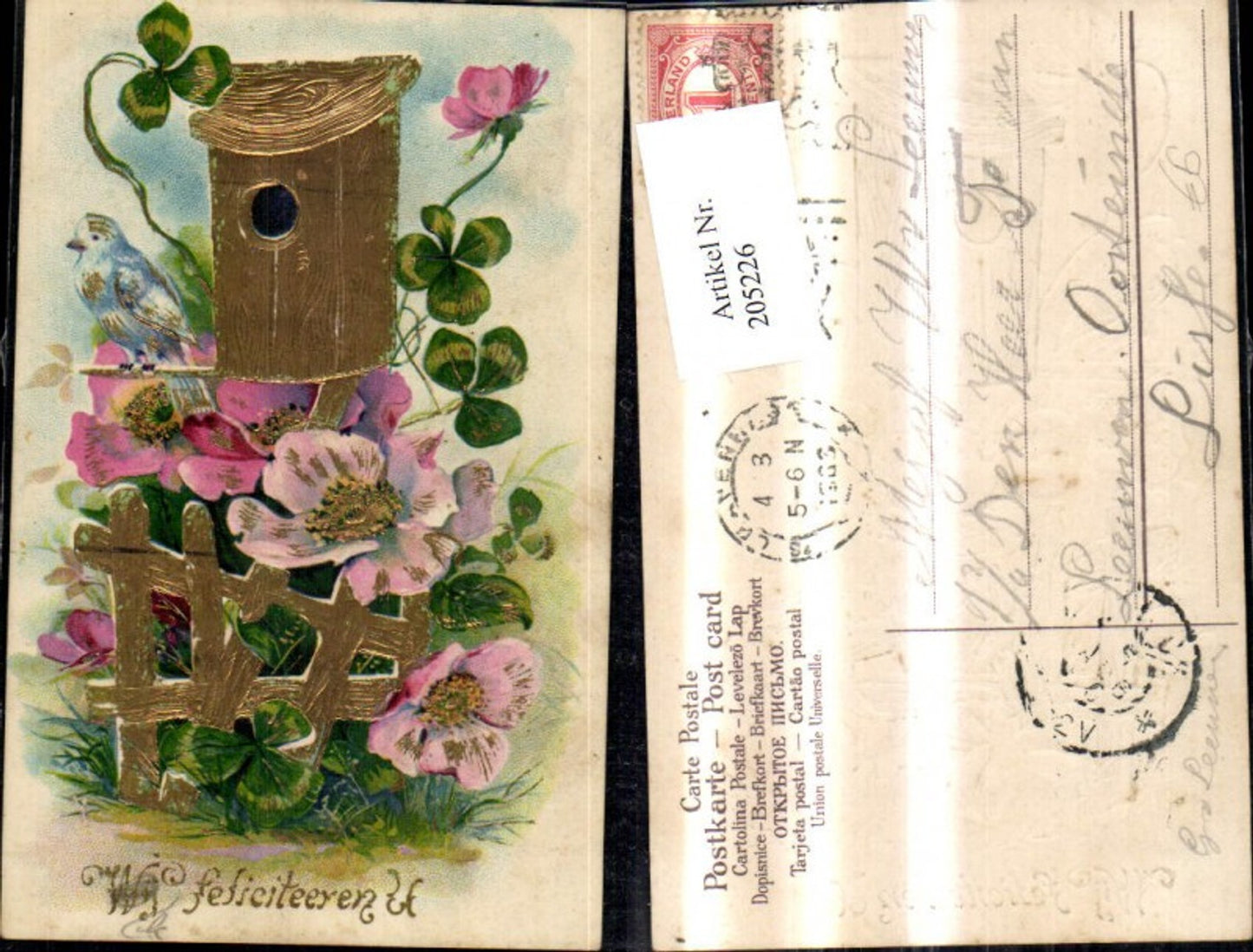 205226,Präge Ak Vogel Nistkasten Vogelhaus Vogel Blumen Kleee Goldverzierung Wy feficiteeren U
