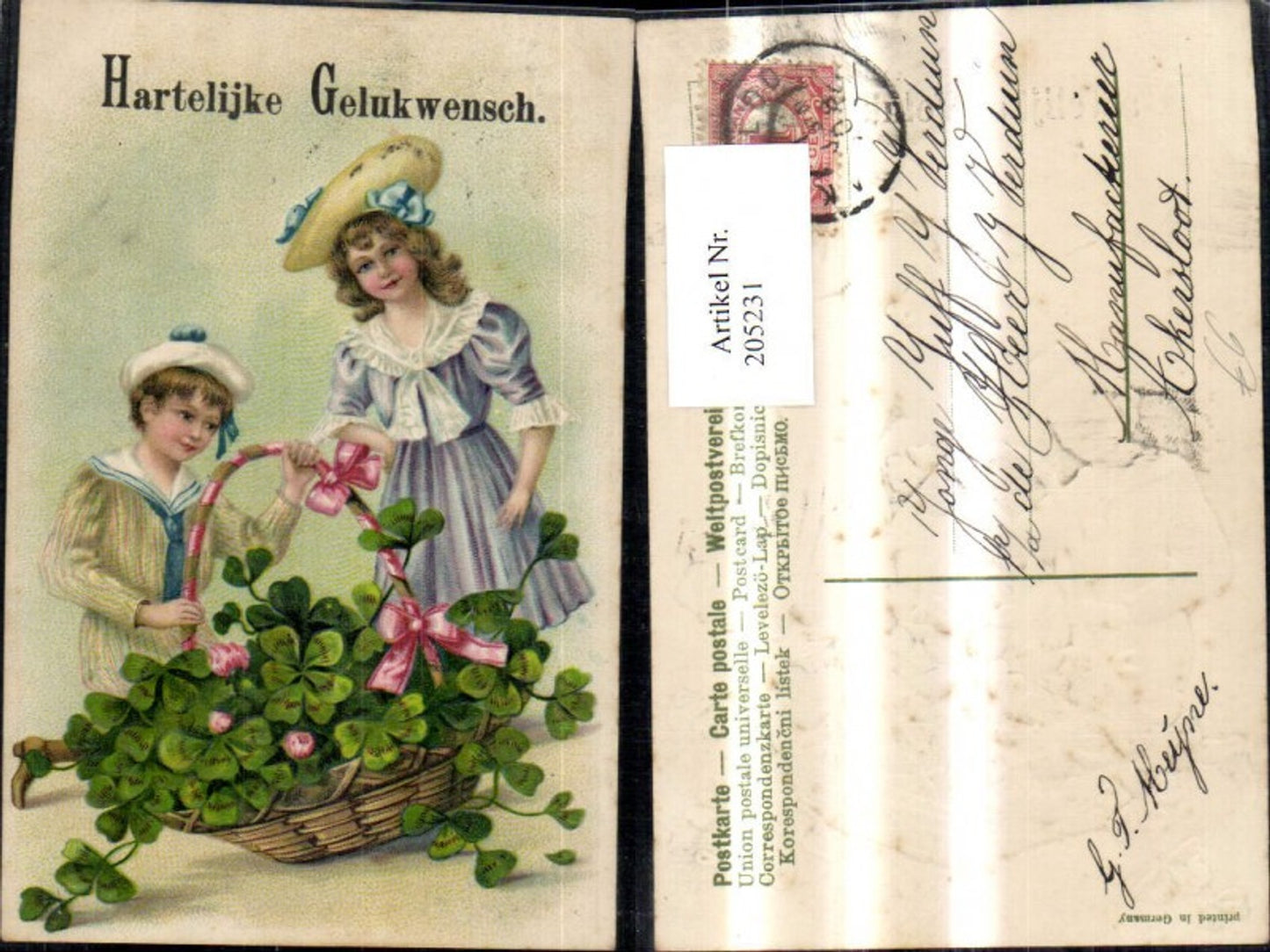 205231,Präge Ak Hartelijke Gelukwensch Junge Bub m. Matrosenanzug Mädchen Kleid Korb m. Klee Schleife