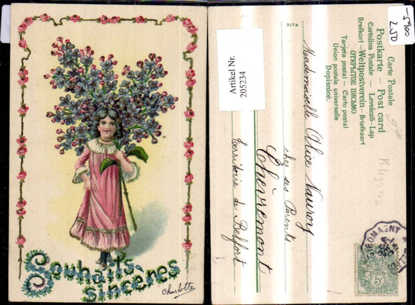 205234,Präge Ak Mädchen m. Blumen Strauß Rosen Blumenschrift Souhaits sinceres Goldverzierung