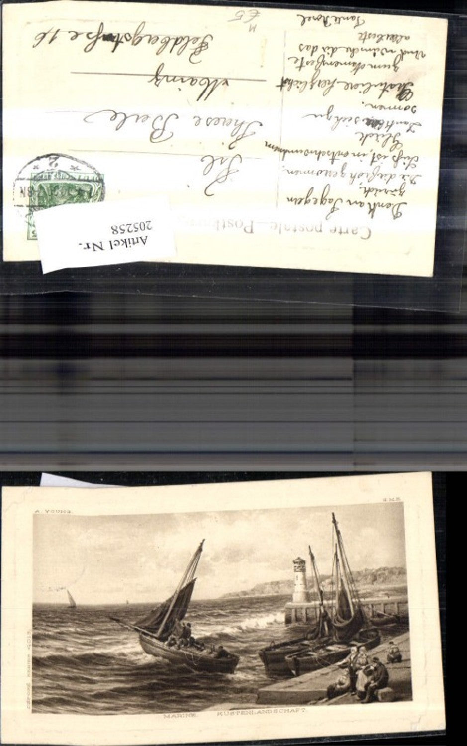 205258,Künstler Ak A. Young Leuchtturm Marine Küstenlandschaft Segelschiff Schiff Boot Personen a. Kai