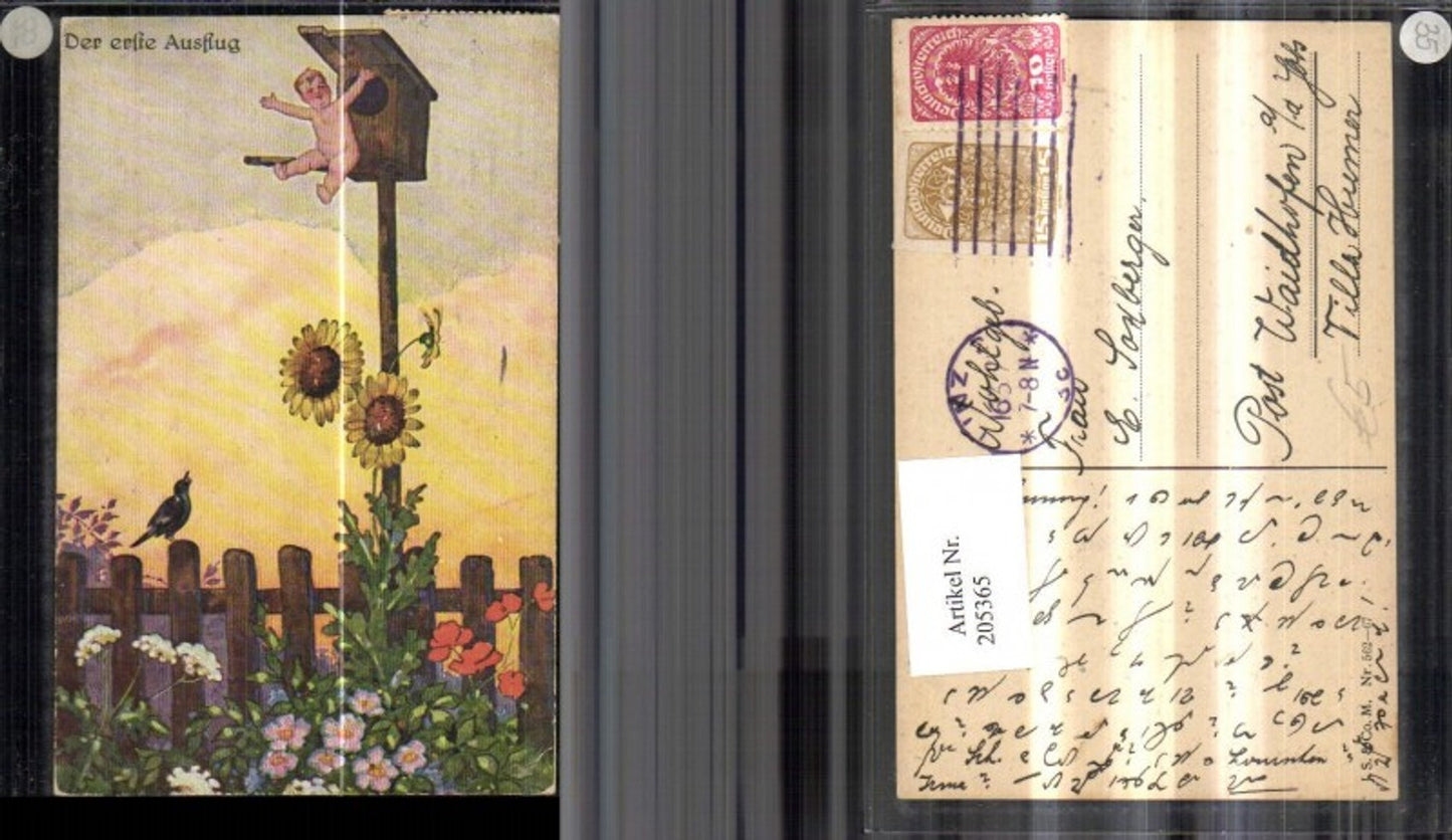 205365,Der erste Ausflug nackter Junge am Vogelhaus Sonnenblume Raabe Blumen