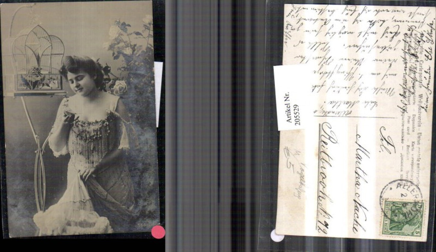 205529,Frau m. Kleid Vogel i. d. Hand Vogelkäfig Käfig Rosenstrauch