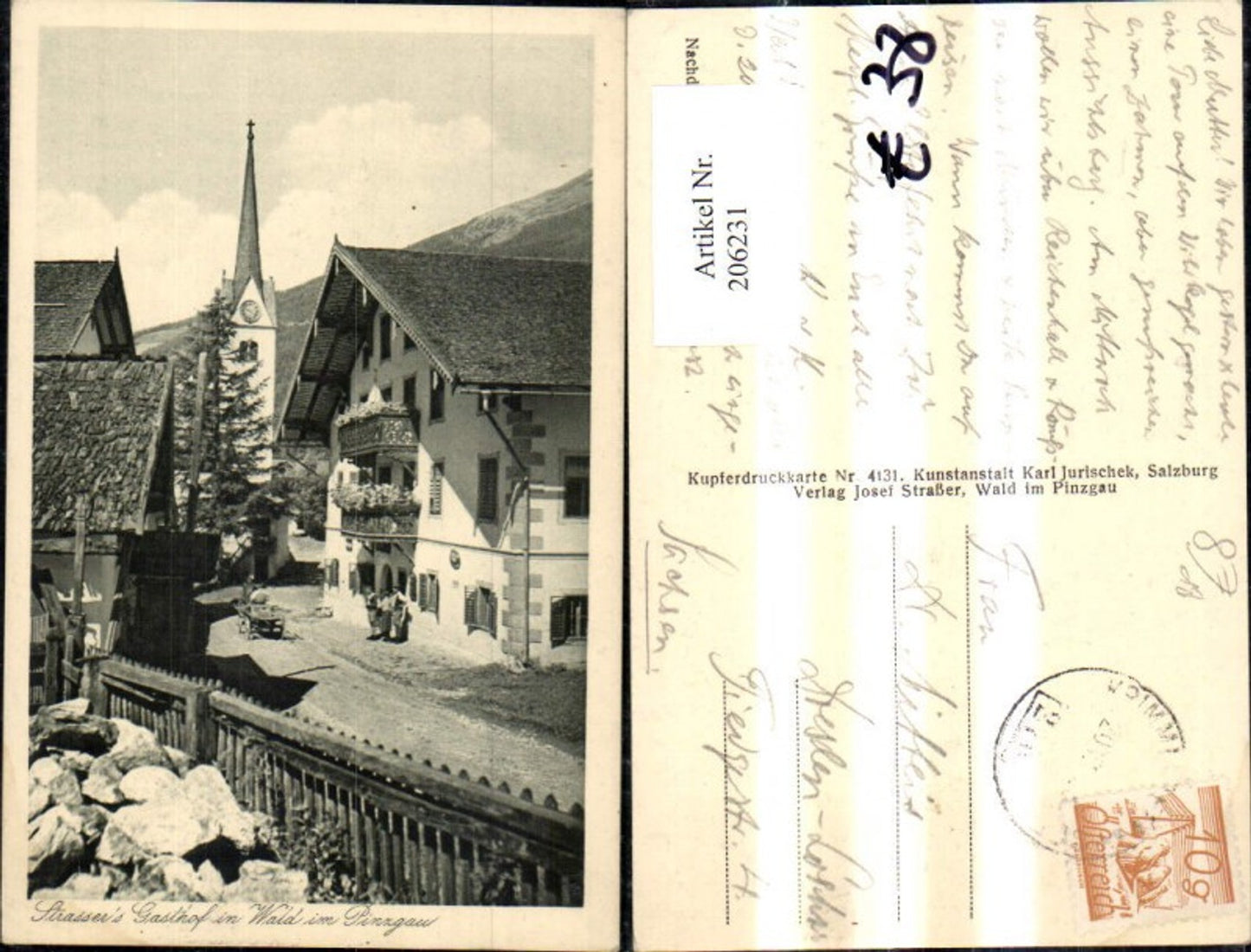 206231,Strassers Gasthof i. Wald i. Pinzgau Ansicht m. Personen Kutsche Bahnpost Zug 276 Krimml Zell a. See