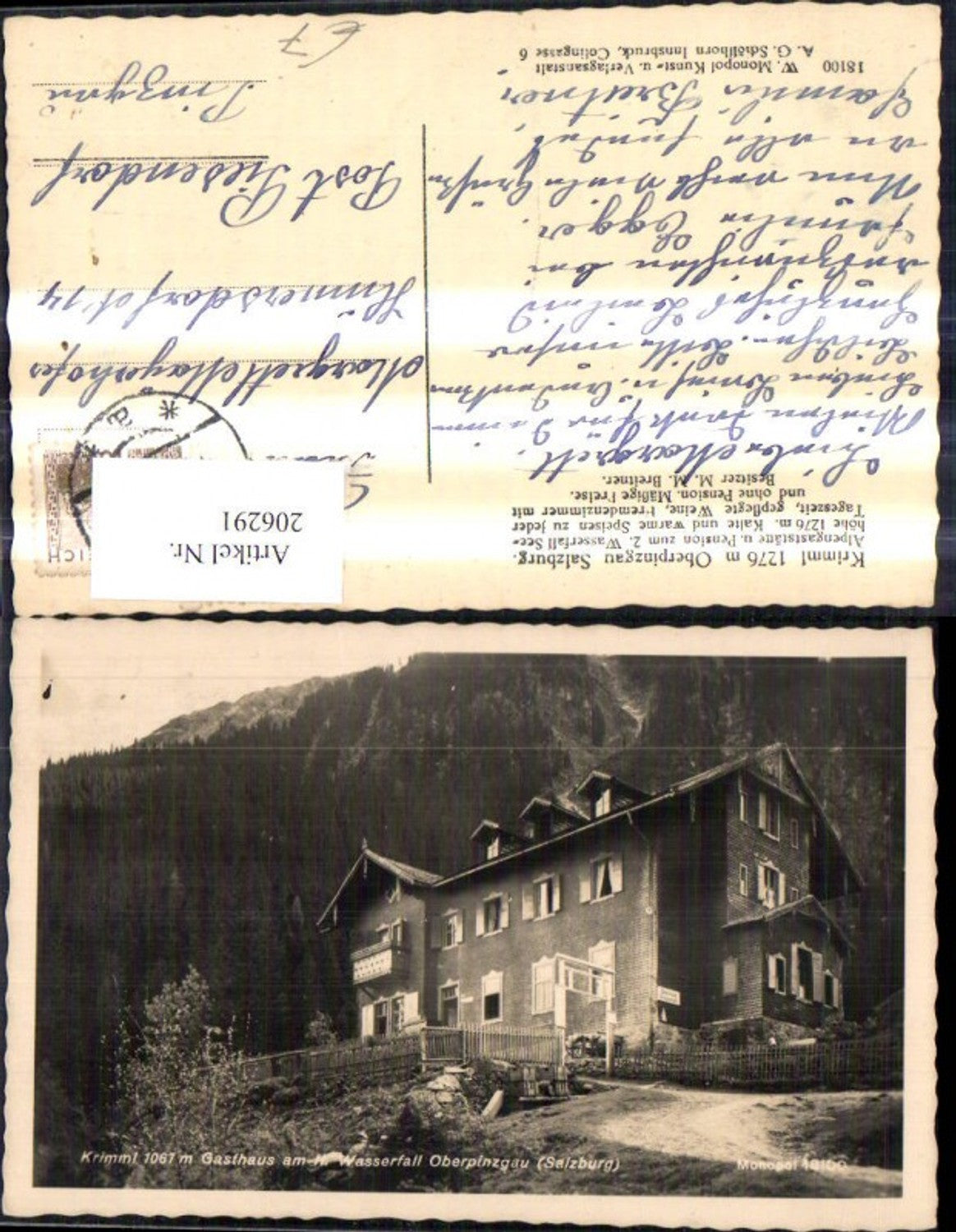 206291,Krimml Gasthaus a. Krimmler Wasserfall Oberpinzgau Bes. M. M. Breitner