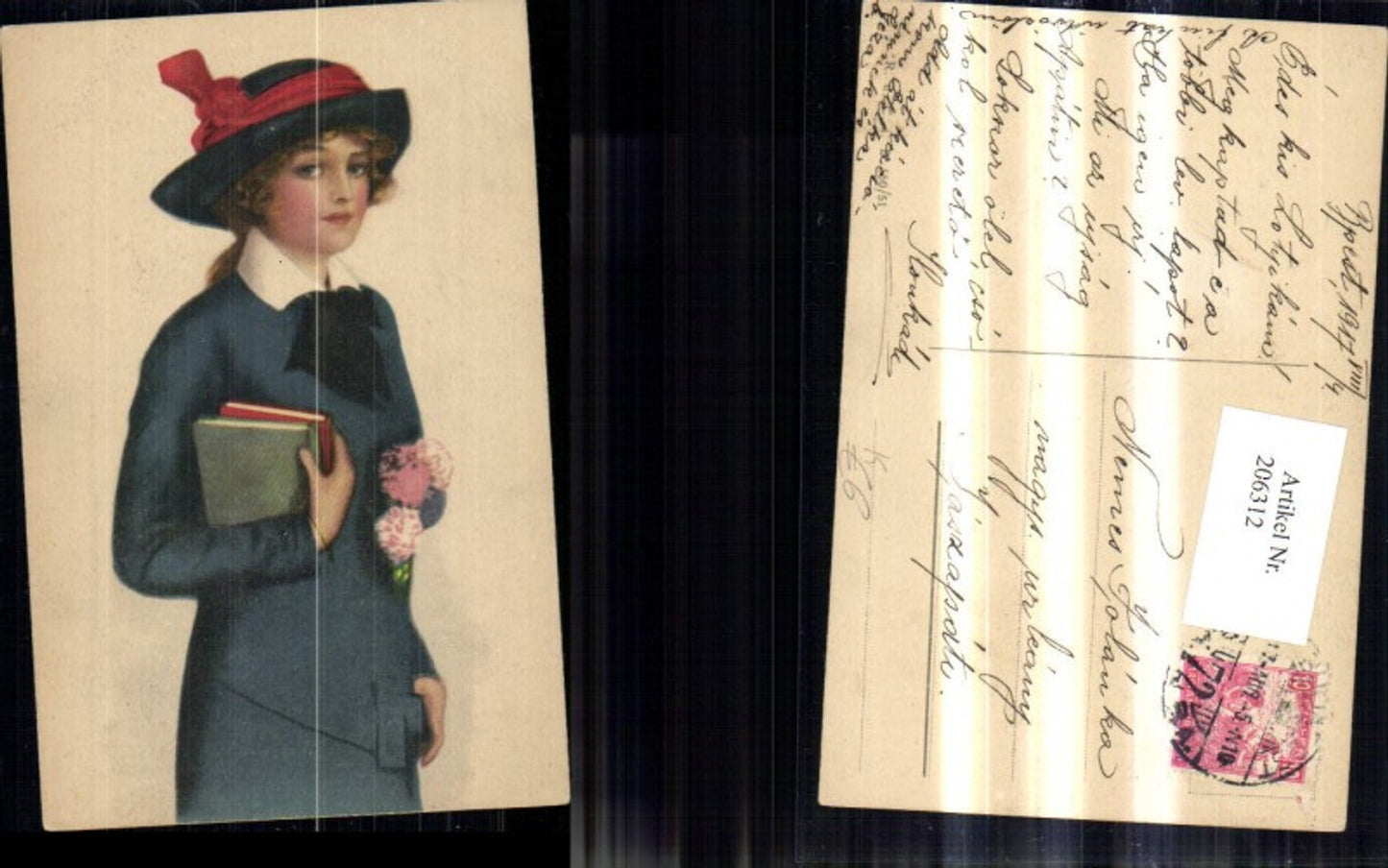 206312,Künstler Ak Frau m. Hut u. Bücher i. Arm Glamour
