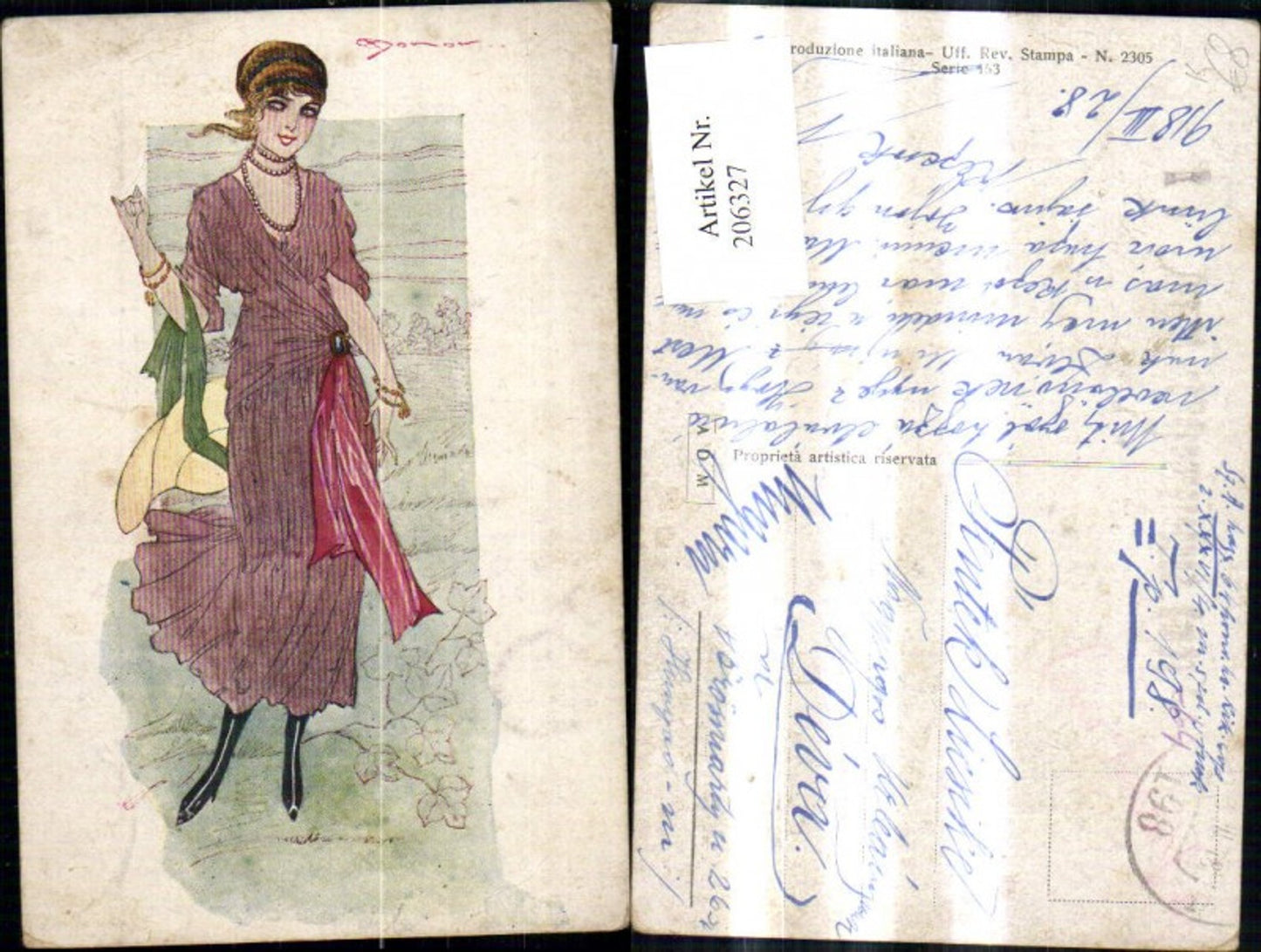 206327,Künstler Ak Frau i. Kleid Perlenkette Hut a. Arm Glamour