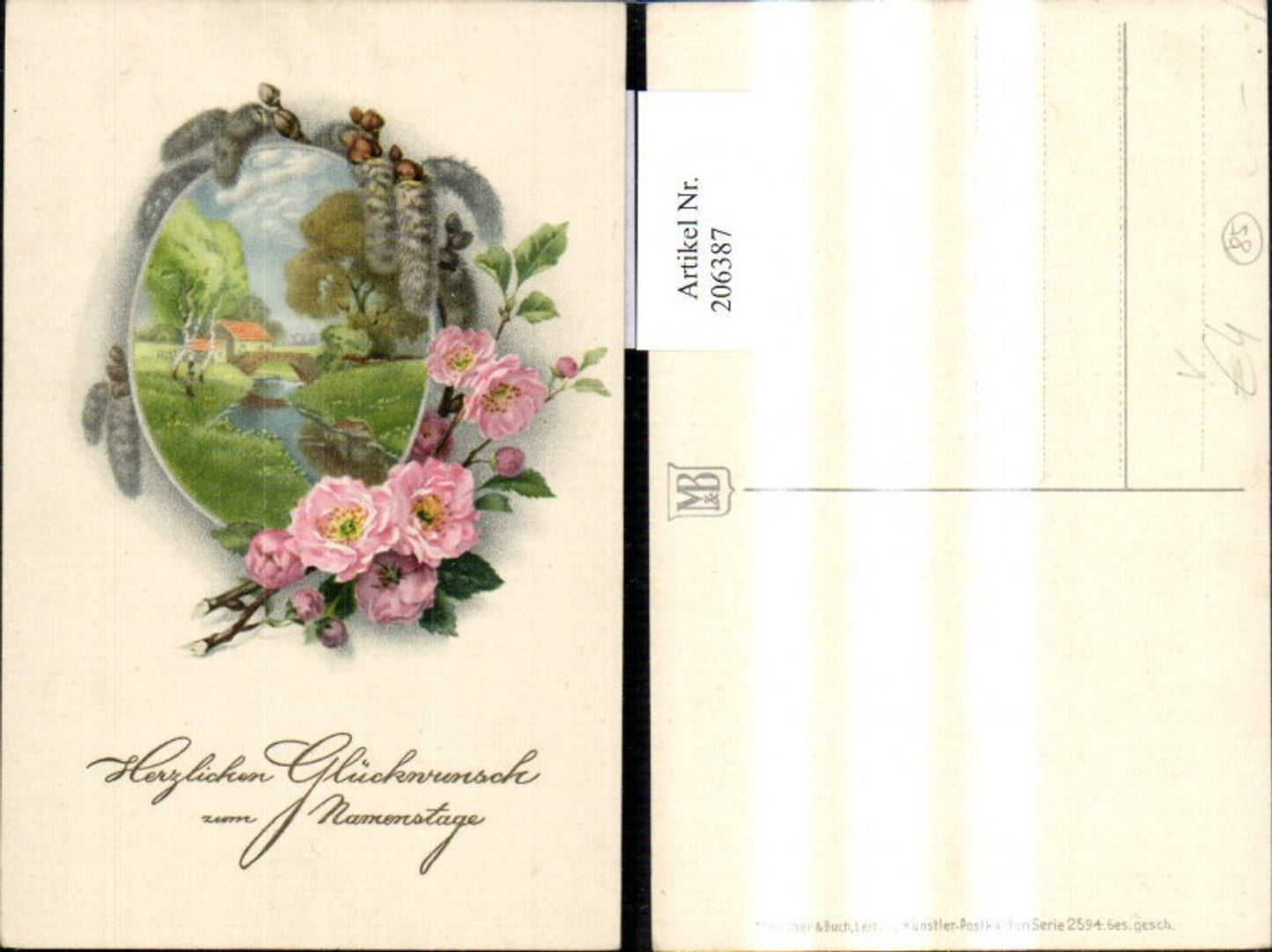 206387,Künstler Ak Meissner & Buch 2594 Landschaft Passepartout Rosen Namenstag