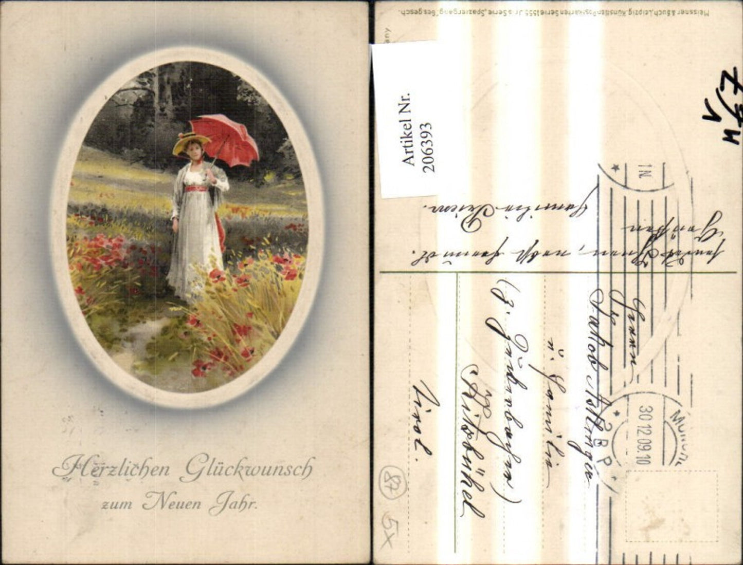 206393,Künstler Ak Meissner & Buch 1555 Spaziergang Präge Neujahr Frau m. Sonnenschirm Hut a. Feld