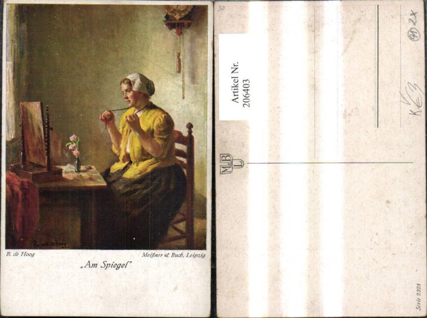 206403,Künstler Ak Meissner & Buch 2328 B. de Hoog Am Spiegel Frau a. Tisch Kette Blumen