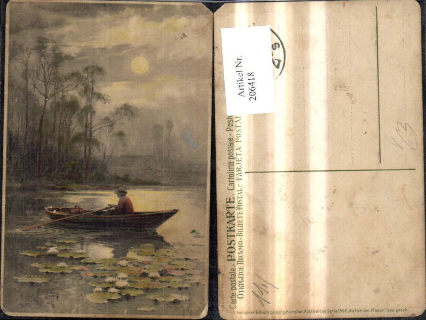 206418,Künstler Ak Meissner & Buch 1507 Auf stillen Pfaden Ruderboot a. See Seerosen i. Mondschein