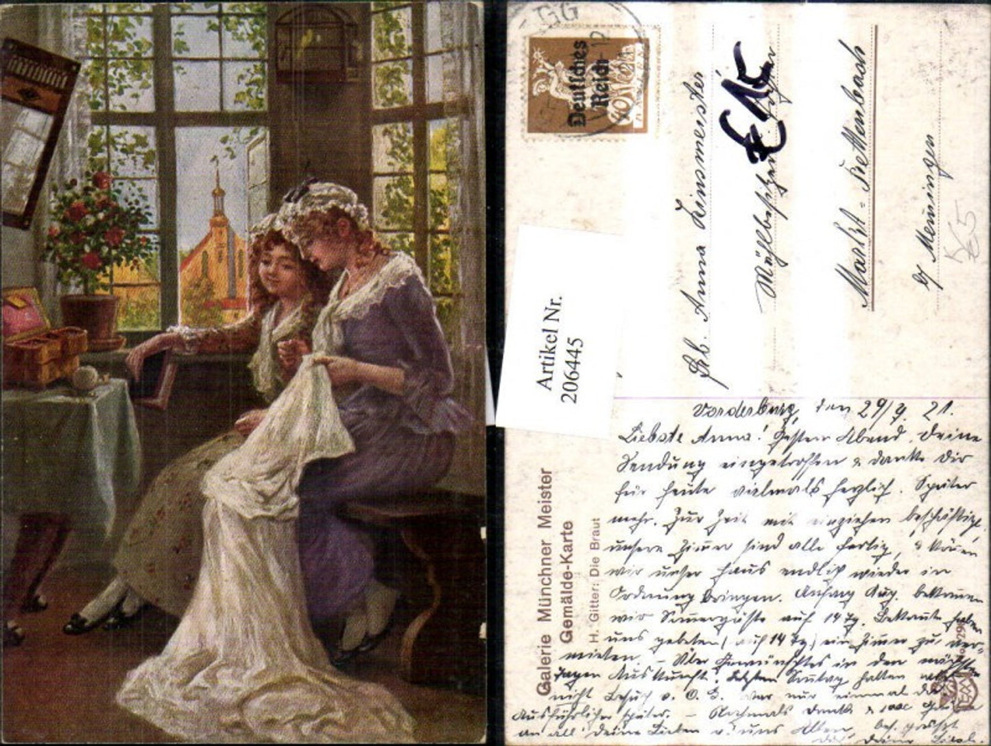 206445,Künstler AK H. Gitter „Die Braut“ Frau b. Nähen Mädchen Rosenstock Fenster Kirche