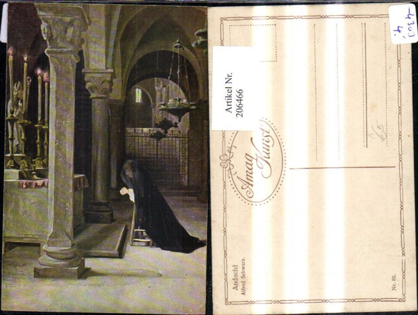 206466,Künstler AK Alfred Schwarz „Andacht“ Frau b. Beten i. d. Kirche Altar