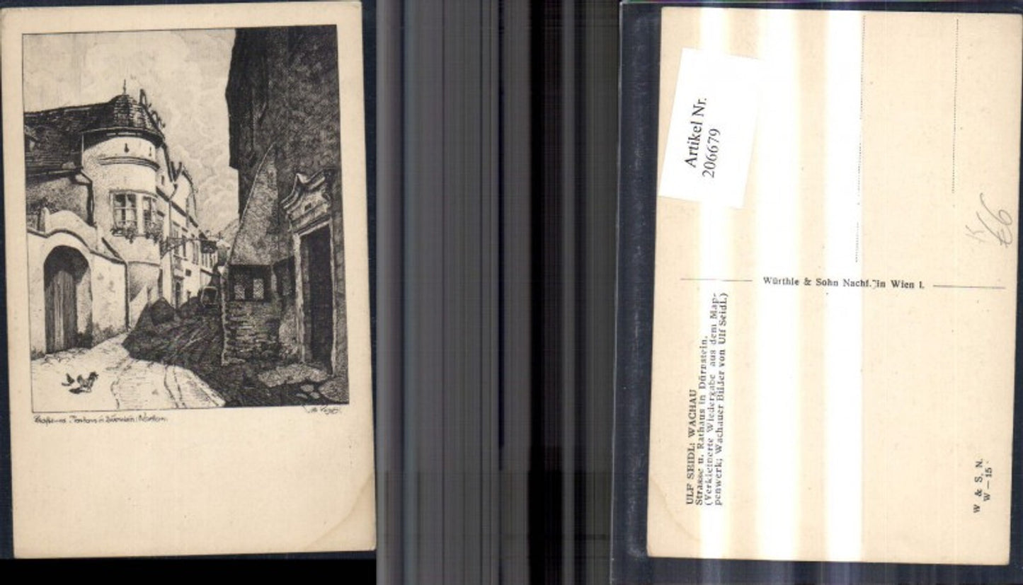 206679,Künstler Ak Ulf Seidl Wachau Strasse u. Rathaus i. Dürnstein