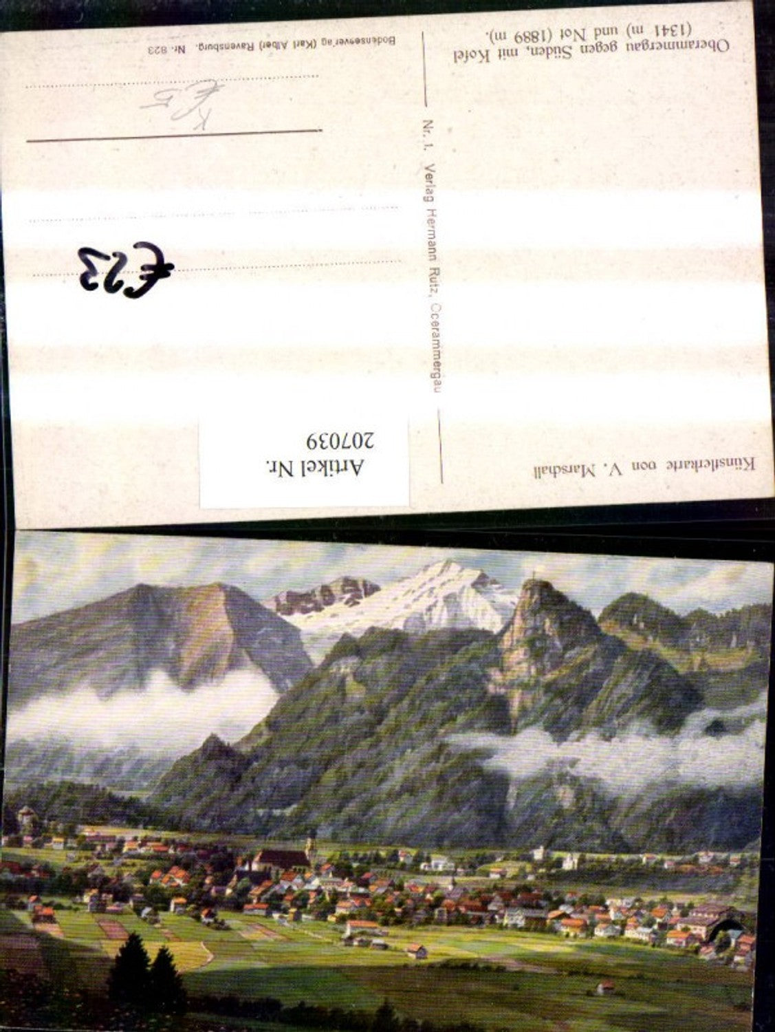 207039,Künstler AK V. Marschall Oberammergau Totale geg. Süden m. Kofel und Not