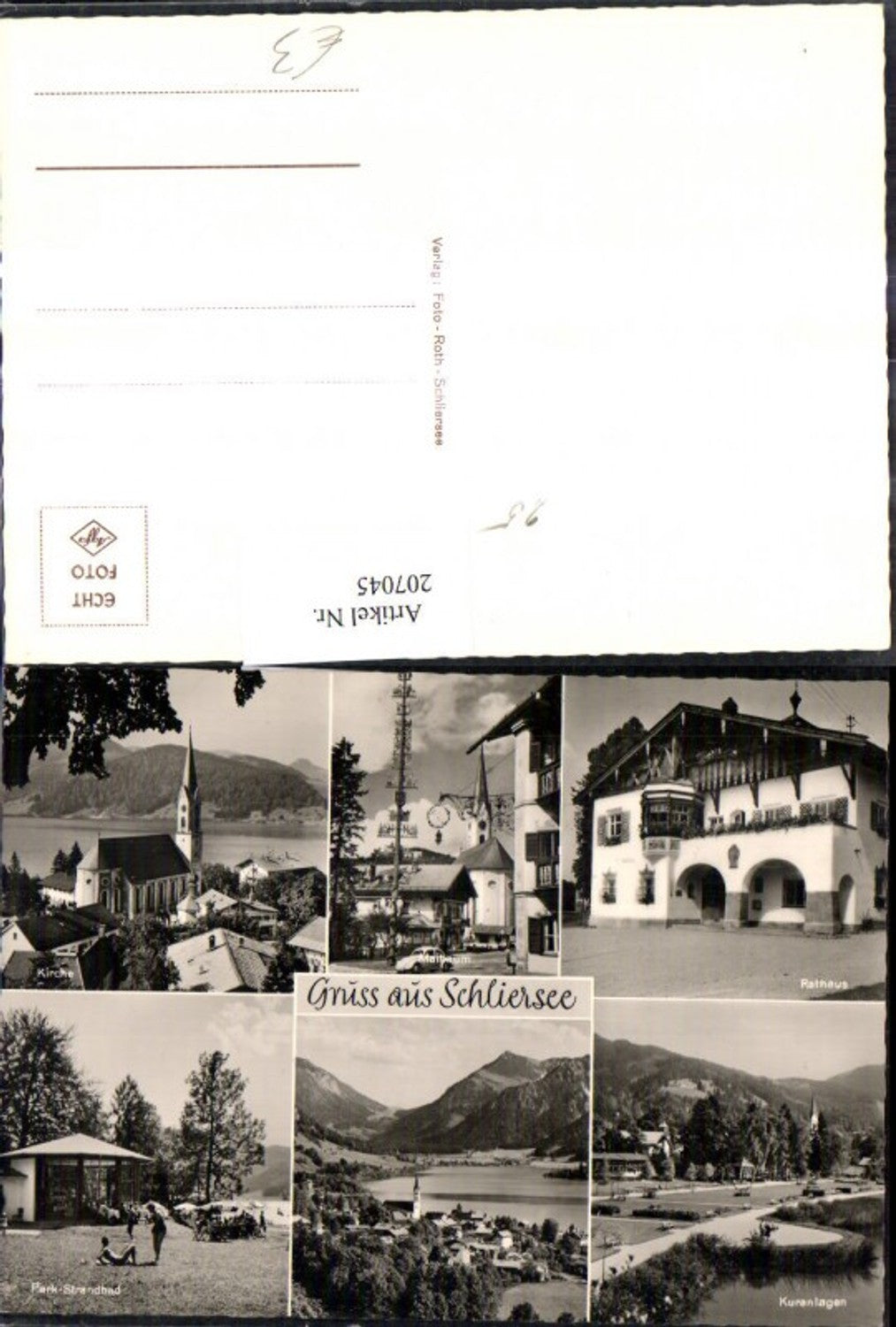 207045,Gruß aus Schliersee Totale Kirche Maibaum Rathaus Park-Strandbad Kuranlagen Mehrbildkarte