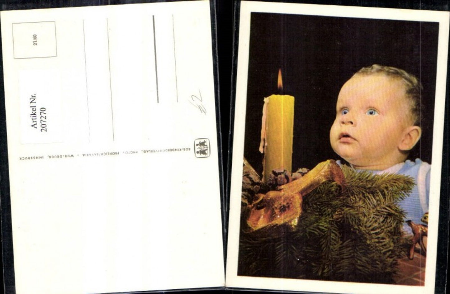 207270,SOS Kinderdorf 21/60 Kind Junge m. gr. Augen v. Kerze a. Tannenzweig Spielzeug Reh
