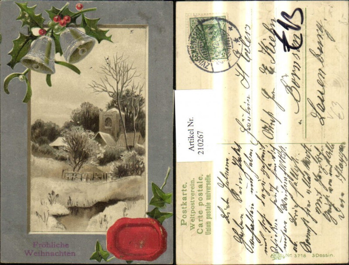210267, embossed postcard Christmas winter landscape bells mistletoe