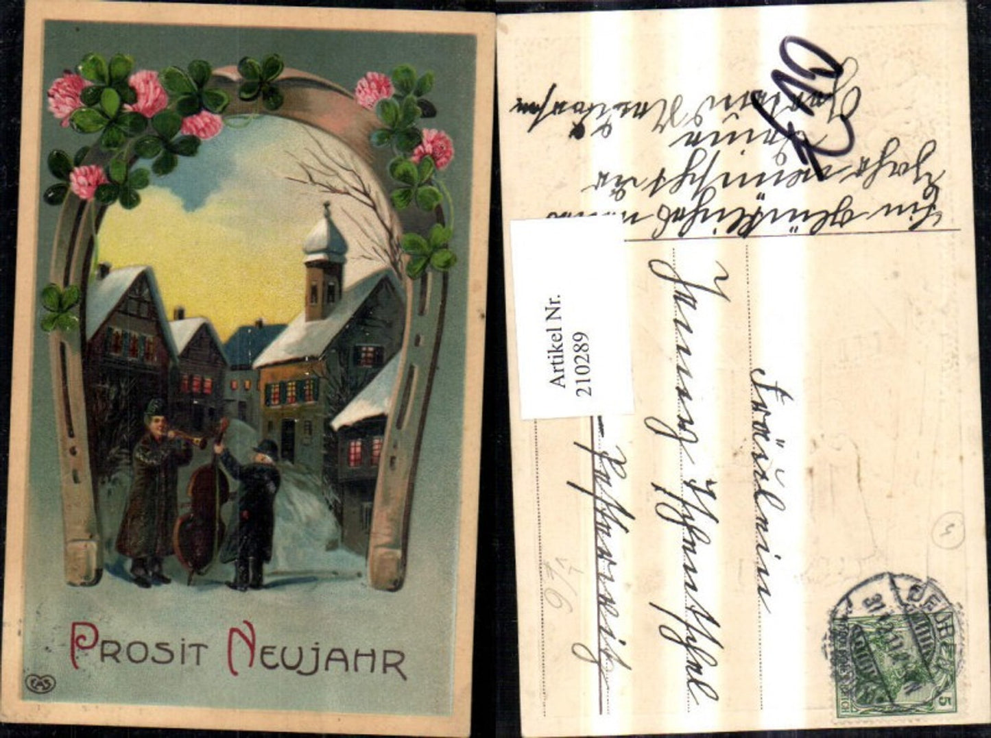210289,Präge Litho AK Neujahr Ortsansicht Männer m. Flöte Kontrabass Klee Hufeisen pub EAS