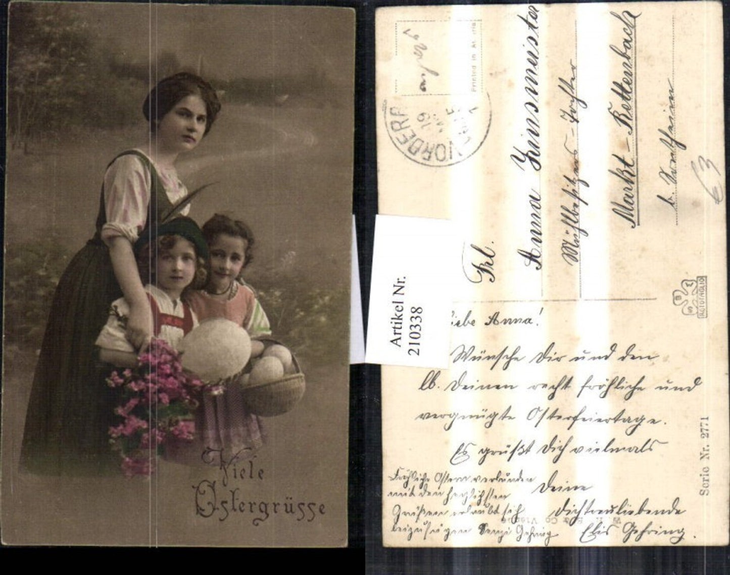 210338,Ostern Frau m. Kinder Ostereier Eier Korb Blumen pub RPH SBW 2771