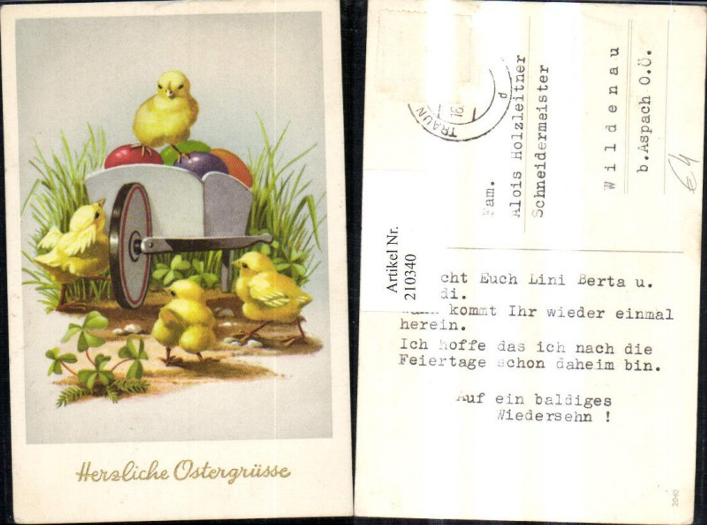 210340, Easter wheelbarrow chicks colorful eggs Easter eggs