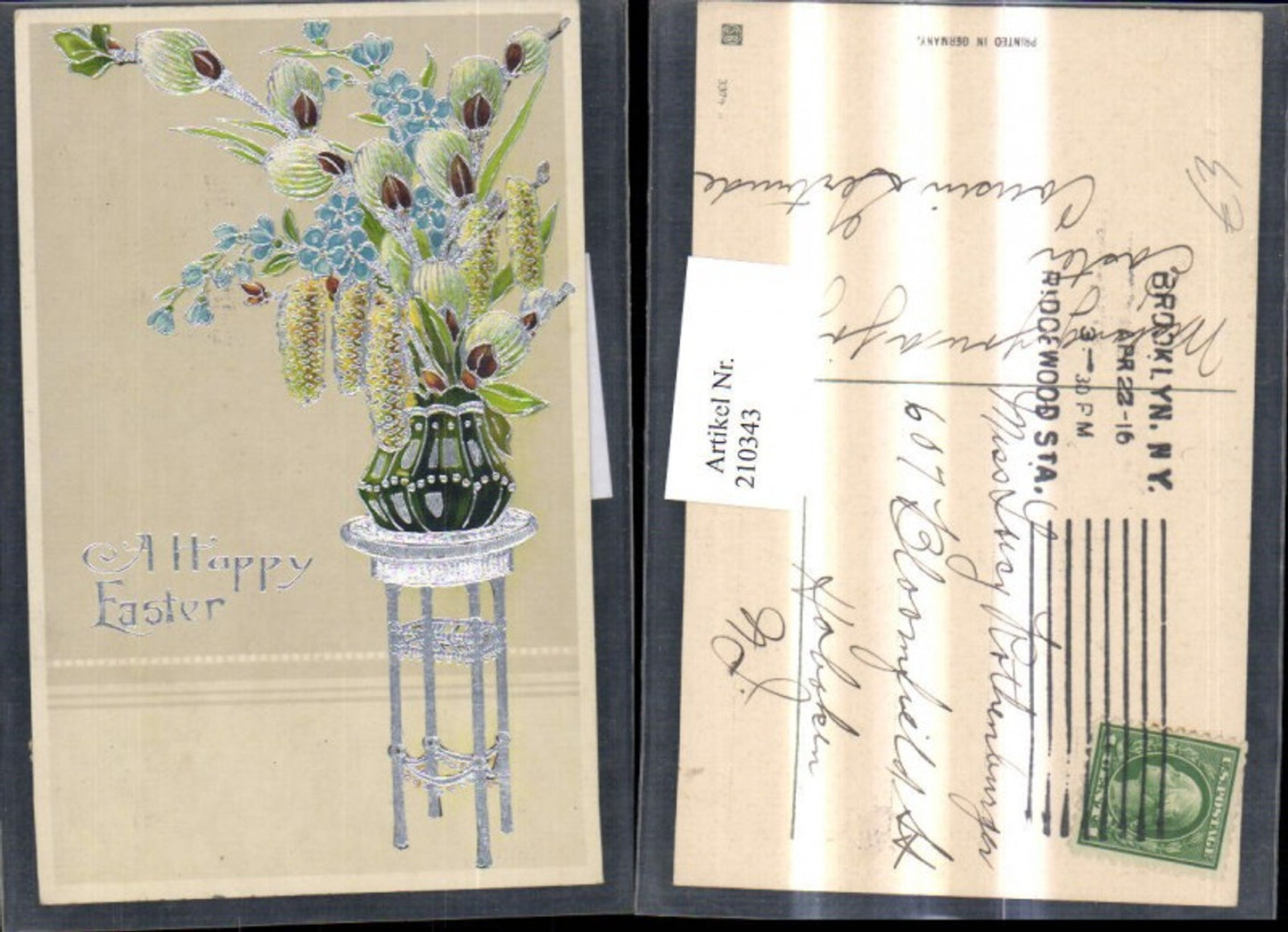 210343, Easter silver print vase with flowers and palm branches