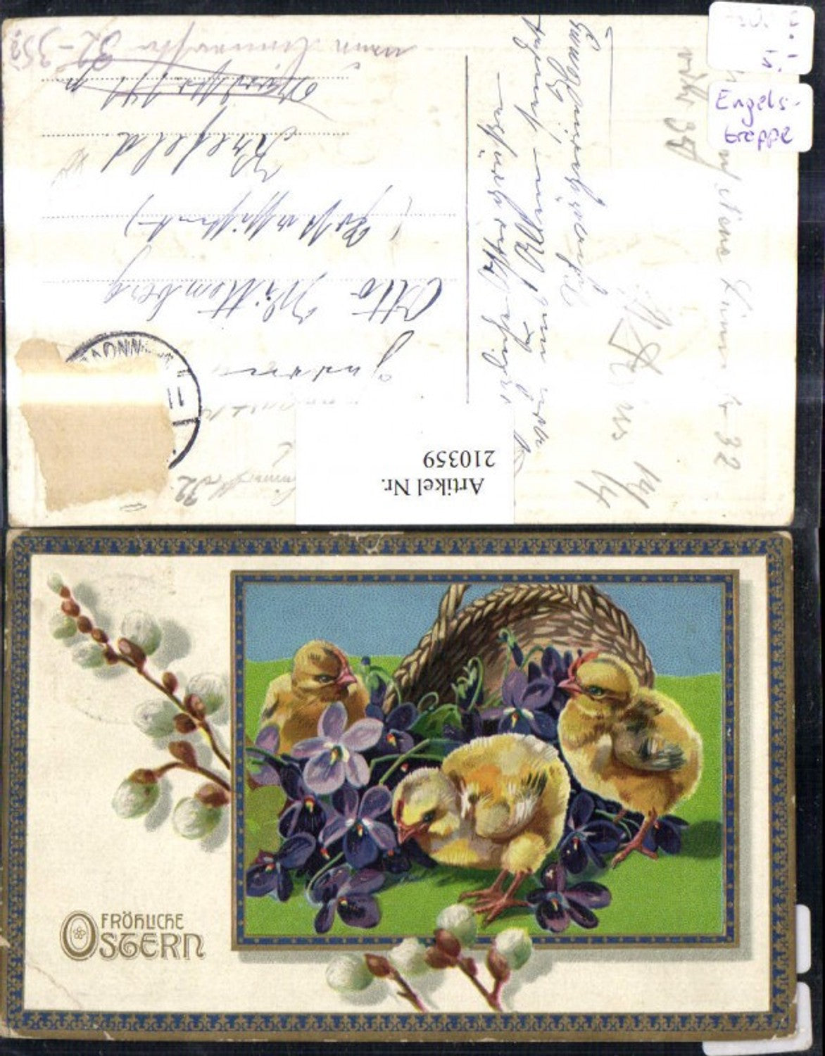 210359, embossed postcard Easter basket violets chicks palm branches