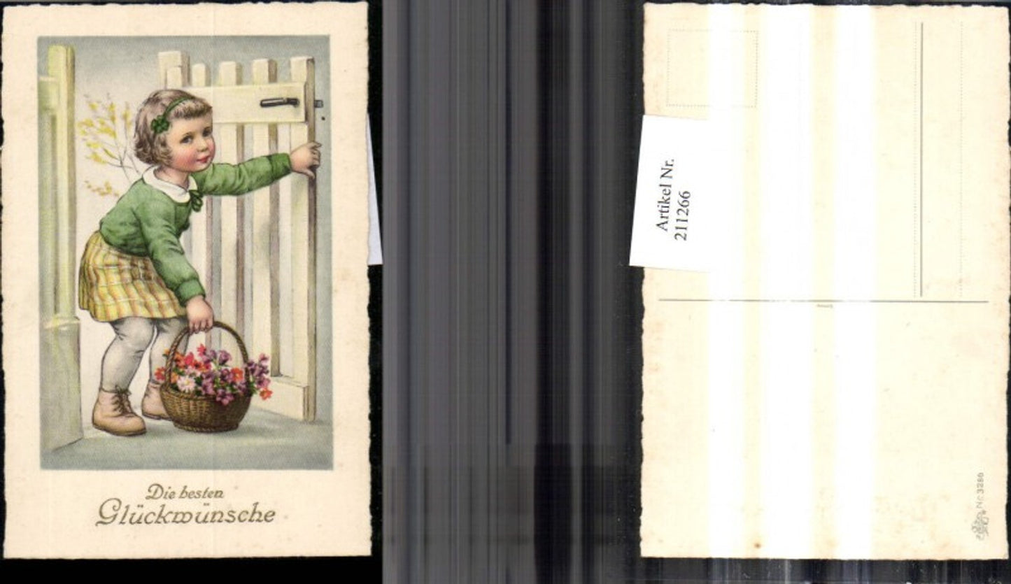 211266,Mädchen m. Haarreifen Korb m. Blumen Gartentür pub Erika 3286